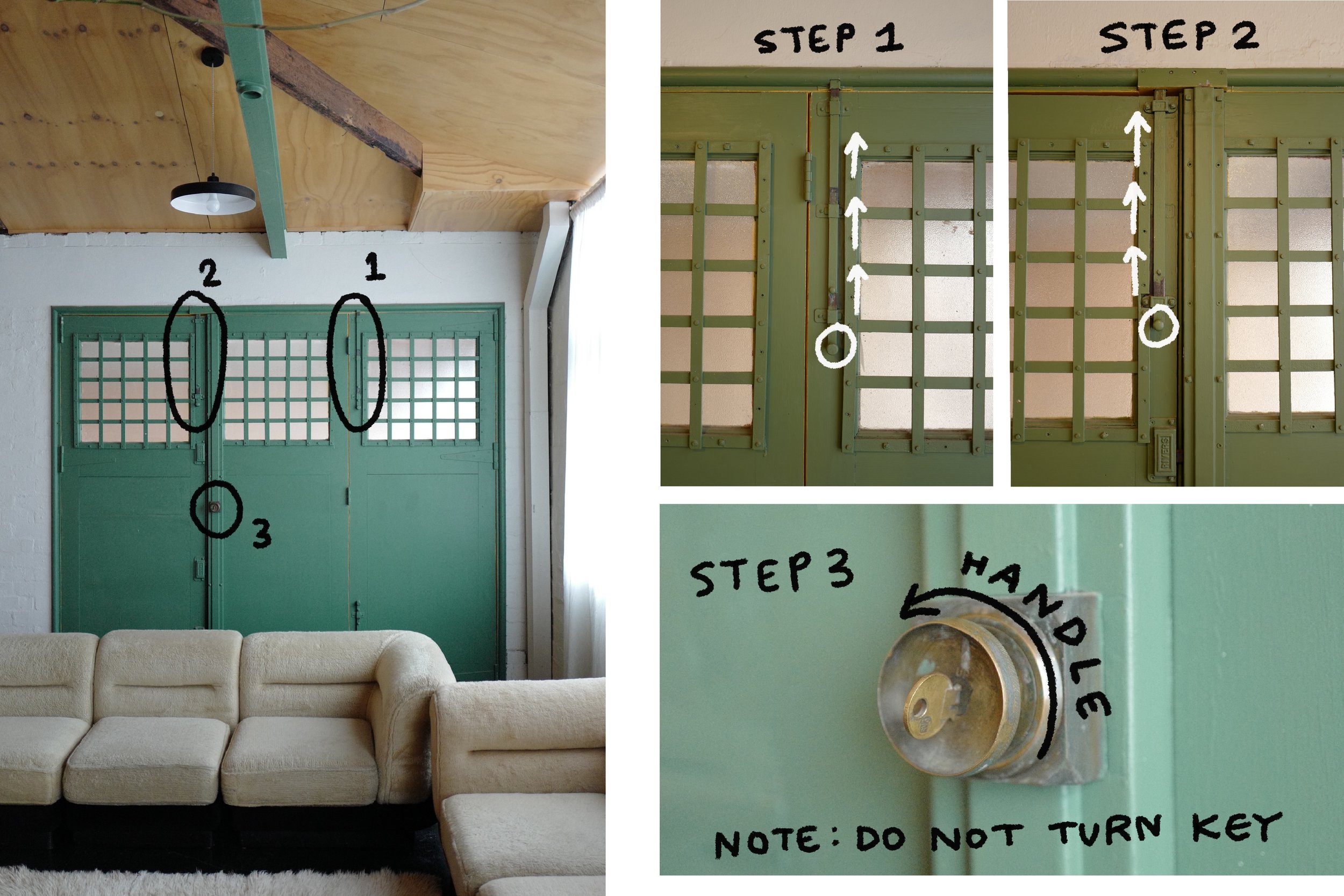 Step 9. Check Green Bifold Doors Are Closed - close 4 bolts and turn handle anti-clockwise to lock position. Do not turn the key.