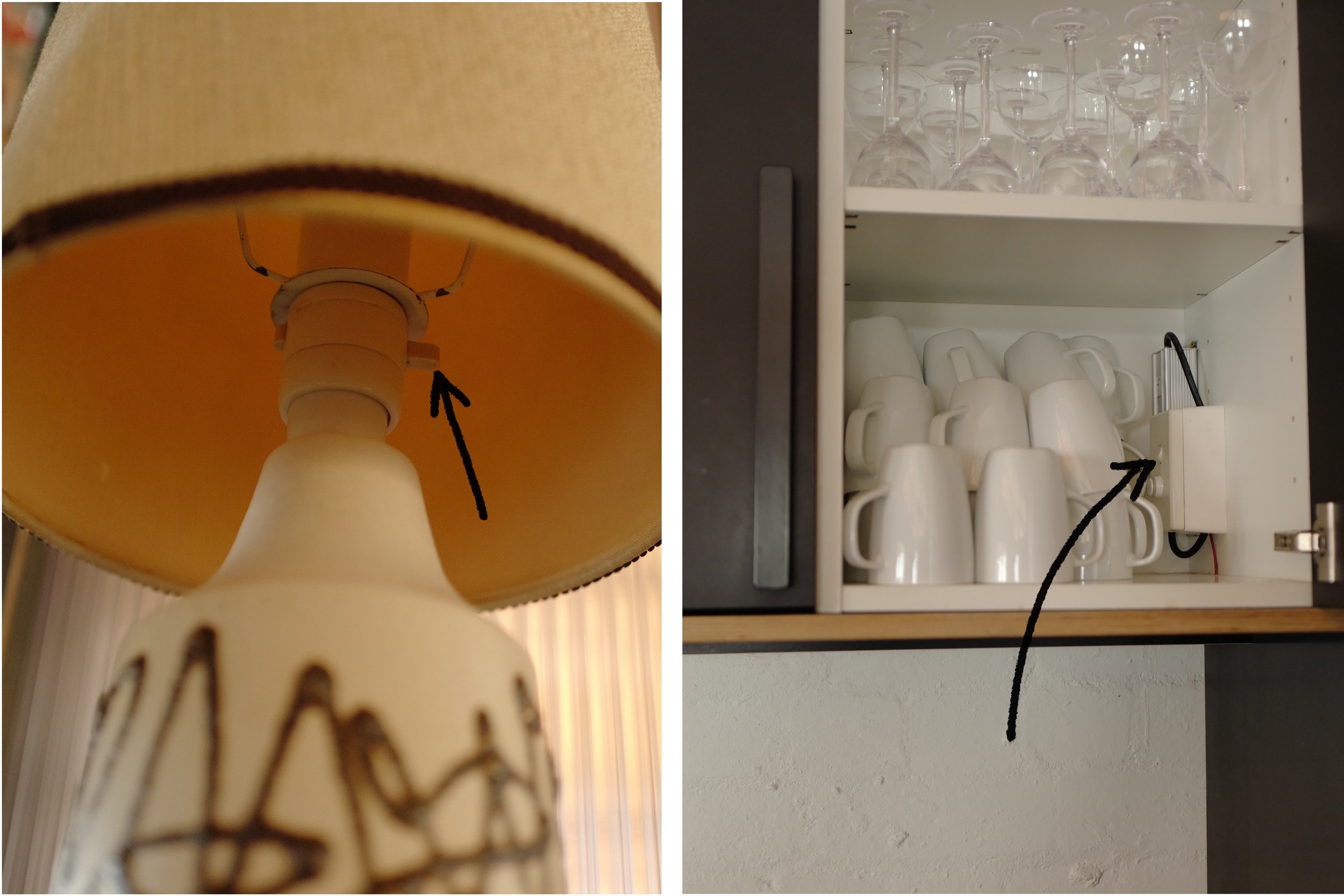 Step 12. Switch Off Kitchen Lights - lamp via switch on neck of lamp, kitchen sink LED via switch located in right hand overhead cupboard, behind the mugs on right side