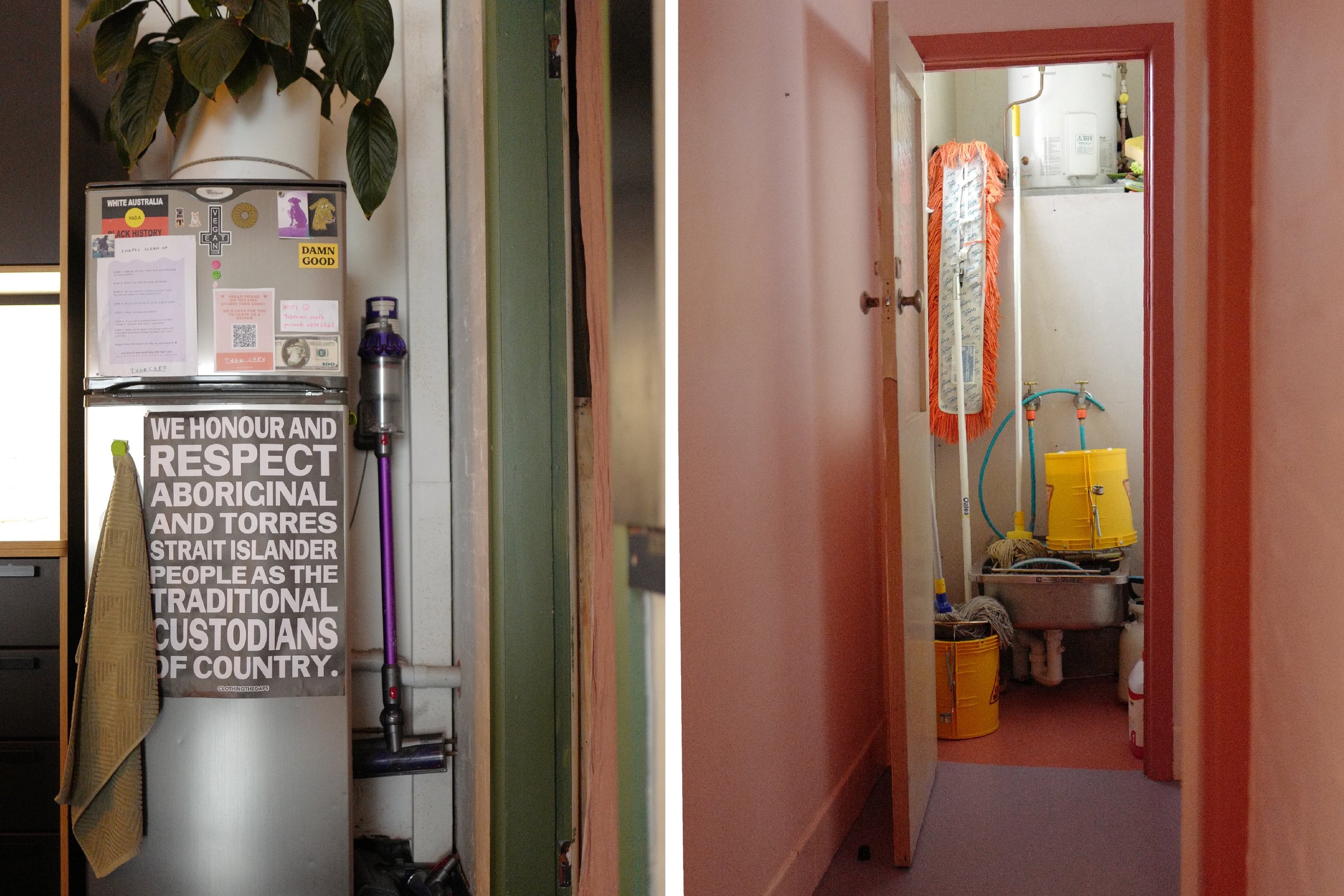 Step 7. Clean Floors - vacuum, sweep or mop only if you have made a mess on the floors. Mop and broom located in bathroom cleaning cupboard, vacuum located next to fridge