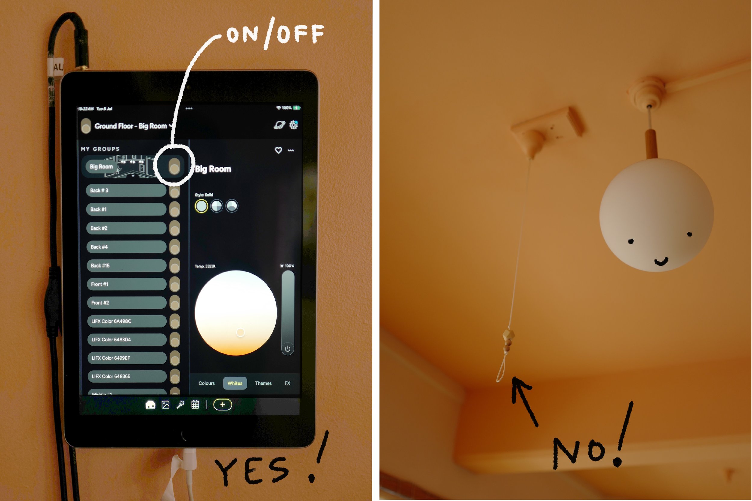 Step 18. Turn off hanging lights via LIFX app on ipad. Please do not turn off using pull strings unless the wifi is down and you're unable to access the LIFX app. For instructions on how to operate the LIFX app, see this video.