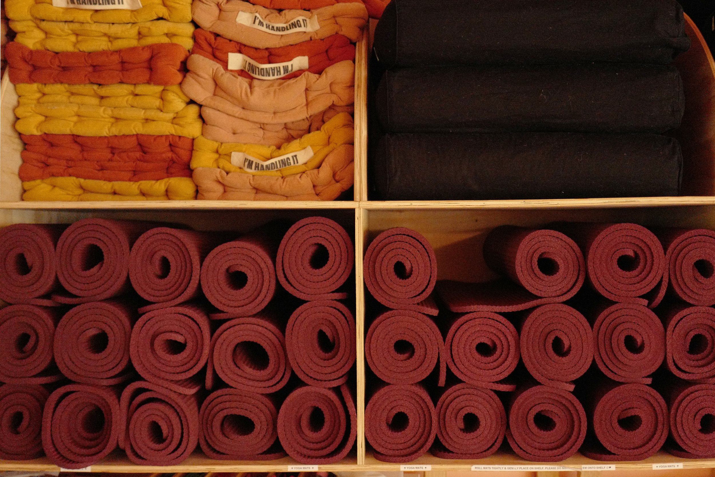 Step 4. Yoga Mats - disinfect using your own products, we have spare products on the shelf if needed. Once dry, tightly roll and gently place on shelf, do not squeeze too many mats on the one shelf, there is plenty of space across the 3 shelves