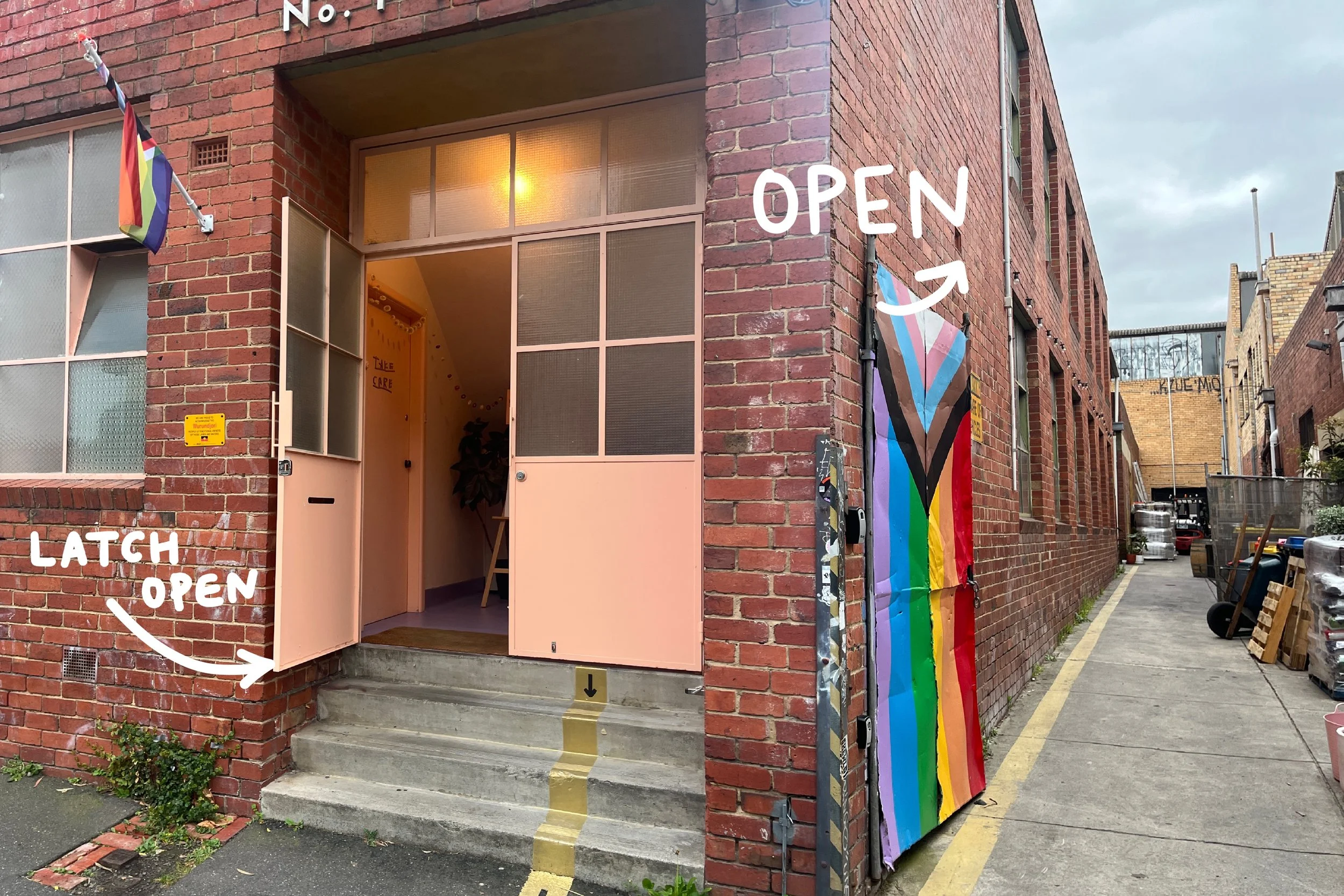 Step 2. Open left gate. Open and latch left street-front door. Keep ground floor entry door closed and locked while setting up.