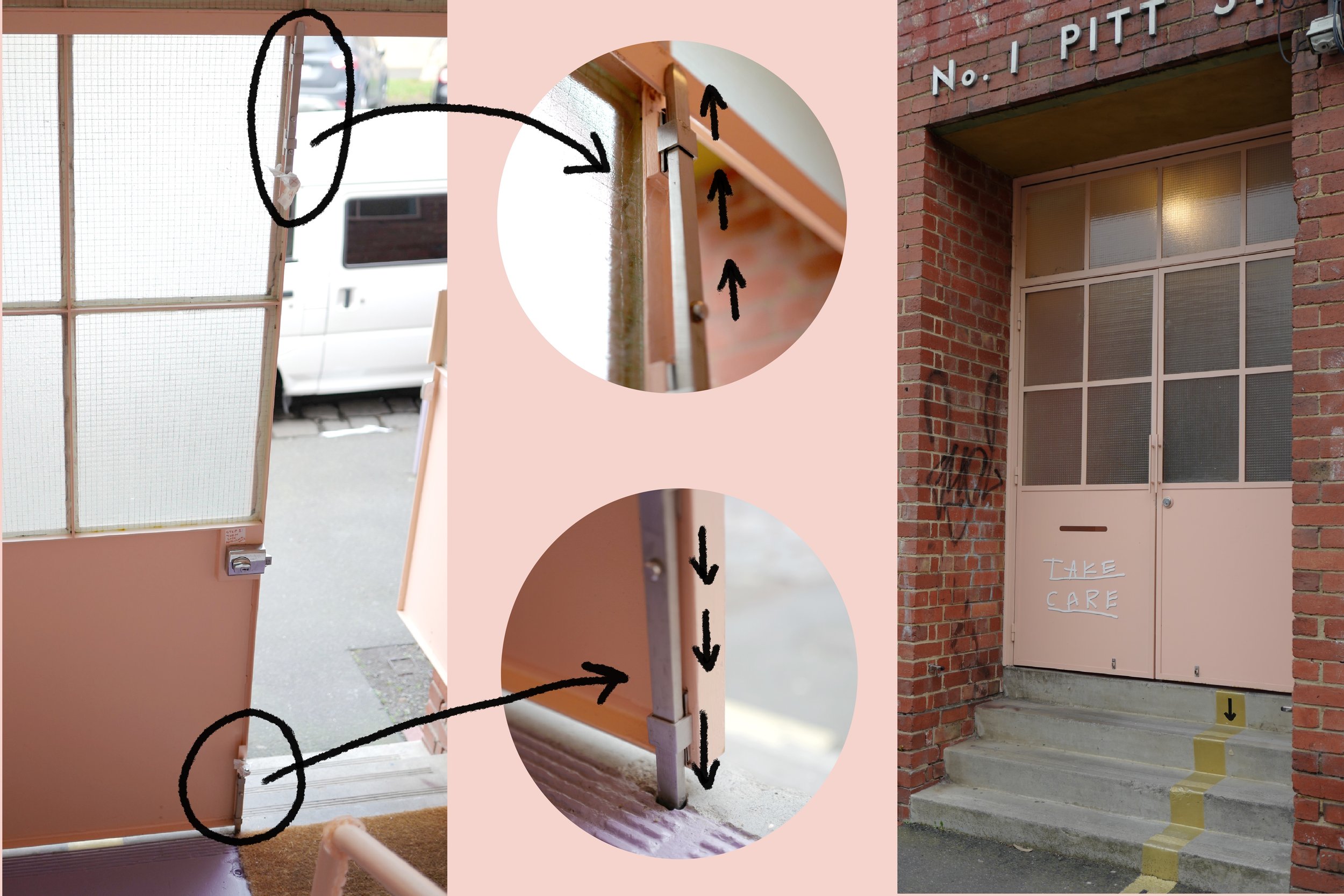 Step 21. From inside the stairwell, make sure left hand street front door is bolt locked at top and bottom, exit the building and close the other door, double checking it is locked