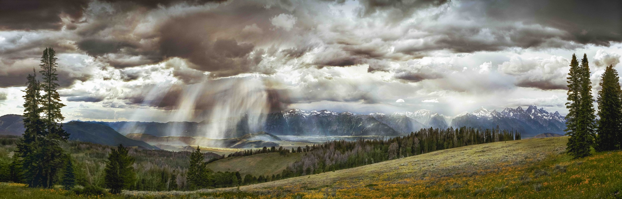 Scenic mountain landscape with dark stormy clouds, rain falling in the distance, and a grassy meadow with trees in the foreground.