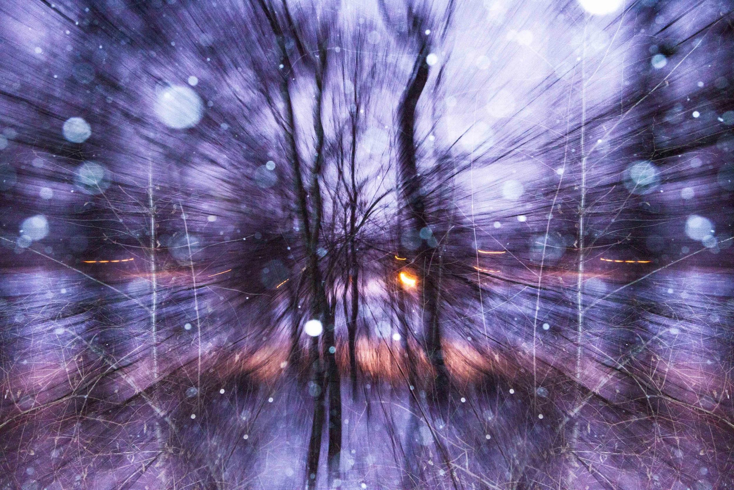 Blurred winter forest scene with snowflakes and purple hues