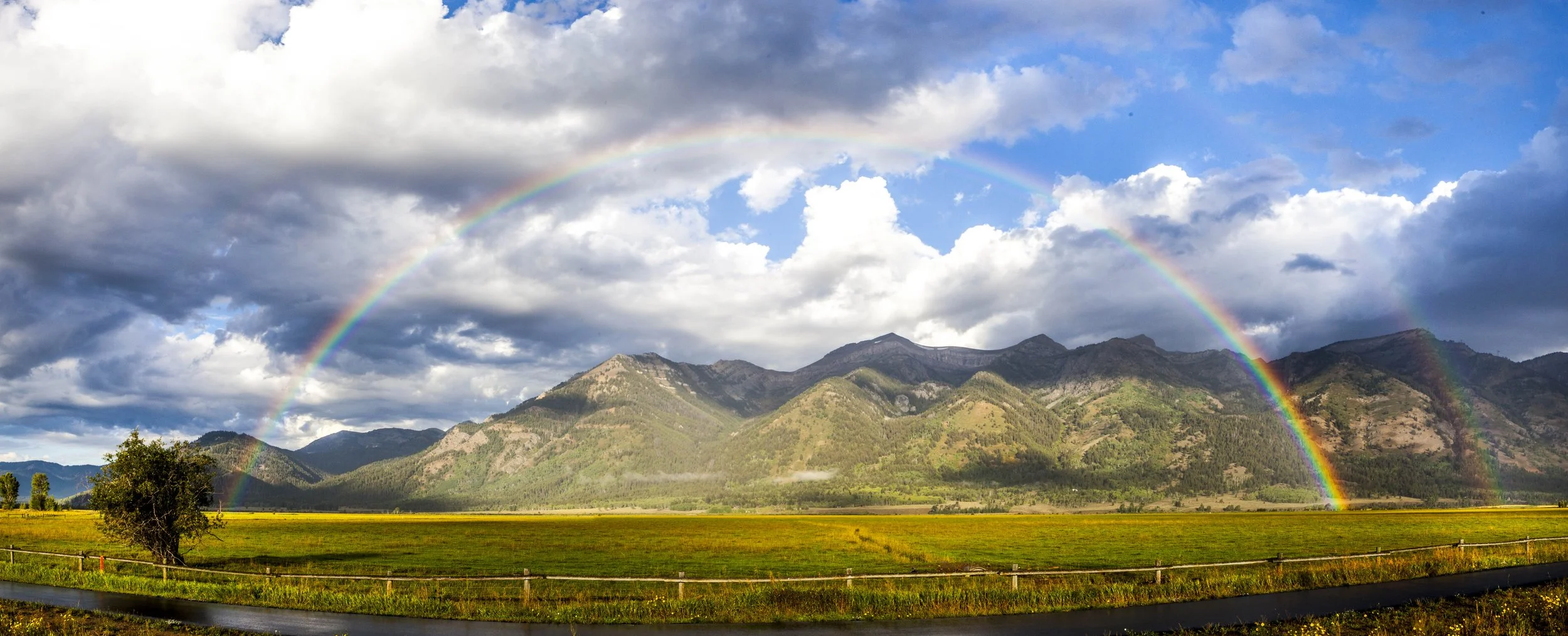 Panoramic landscape with a rainbow arching over mountains and a grassy field under a cloudy sky.