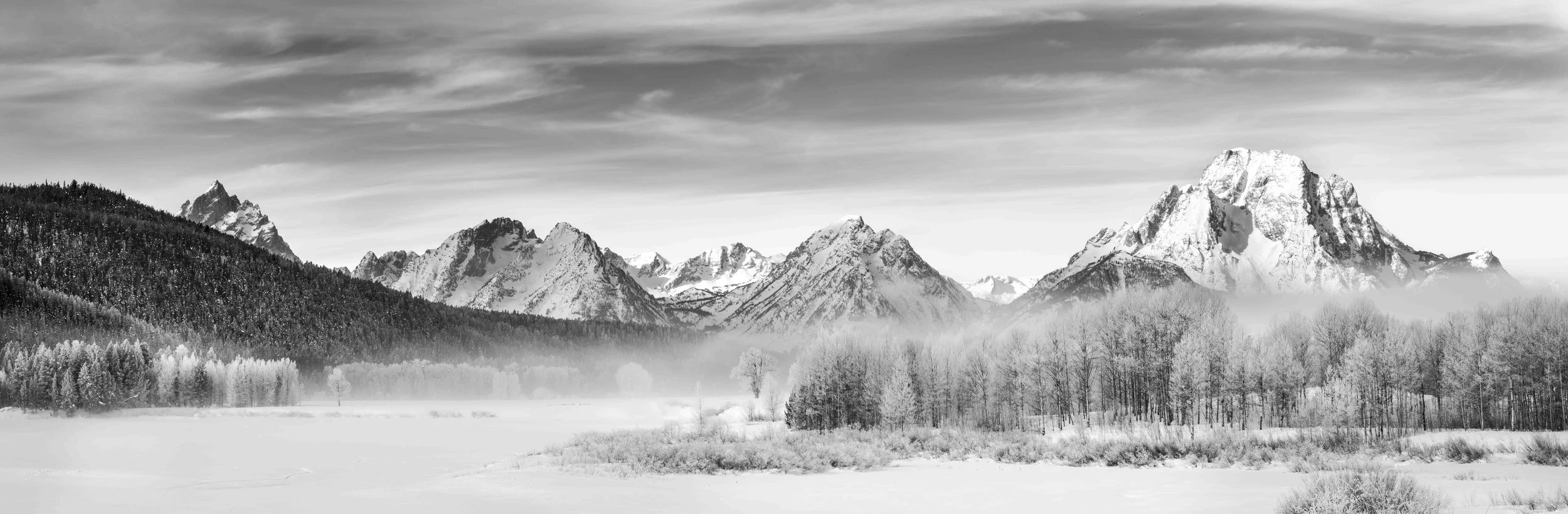 Black and white photo of snow-covered mountains with a forest in the foreground. Mist drifts above the trees under a cloudy sky.
