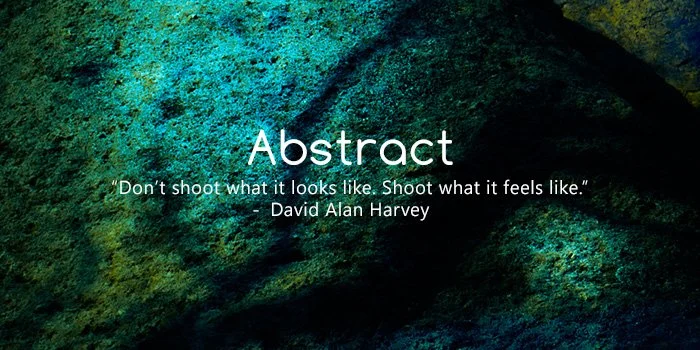 Abstract background with green and blue textured patterns and the quote 'Don't shoot what it looks like. Shoot what it feels like.' by David Alan Harvey.