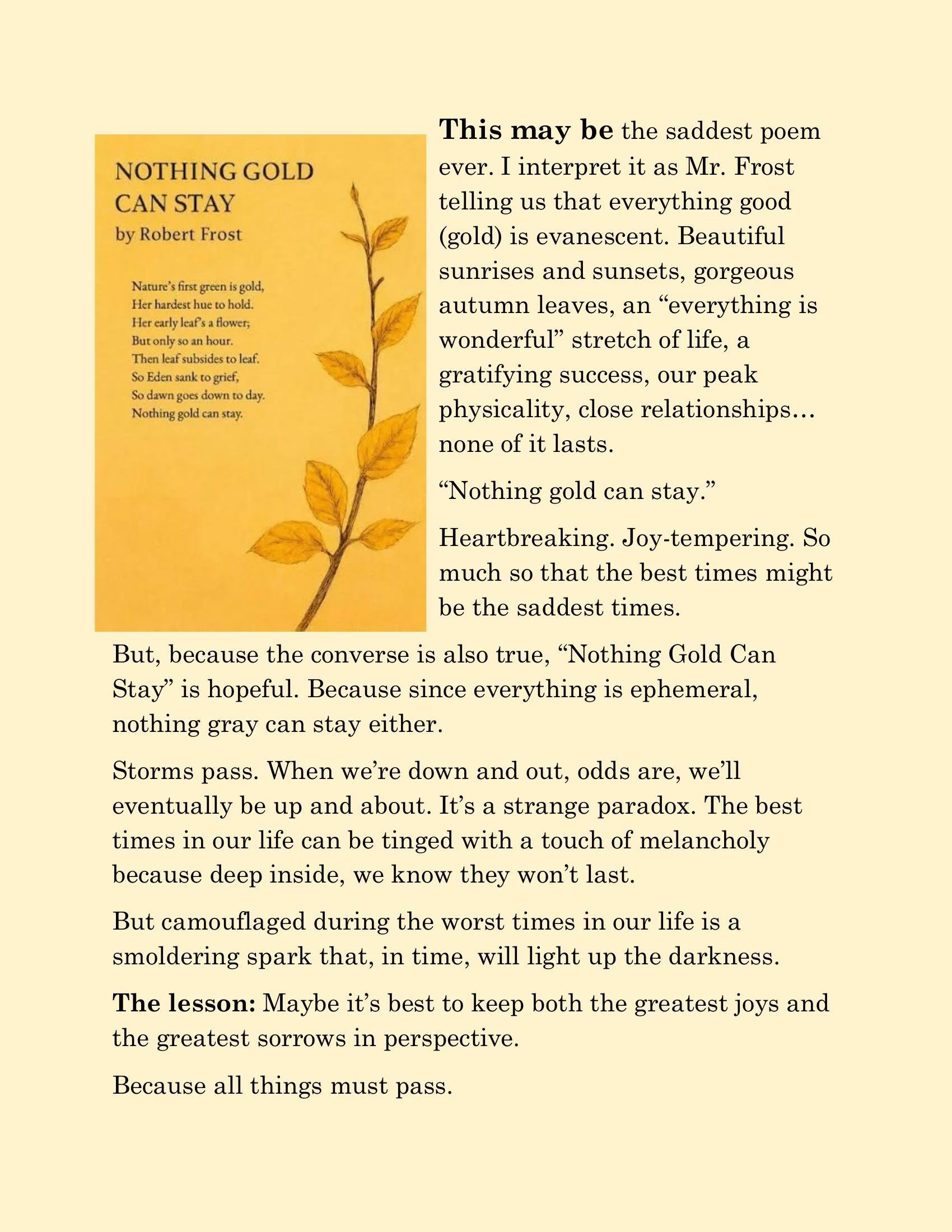 Nothing Gold Can Stay by Robert Frost — poem text with autumn leaf illustration