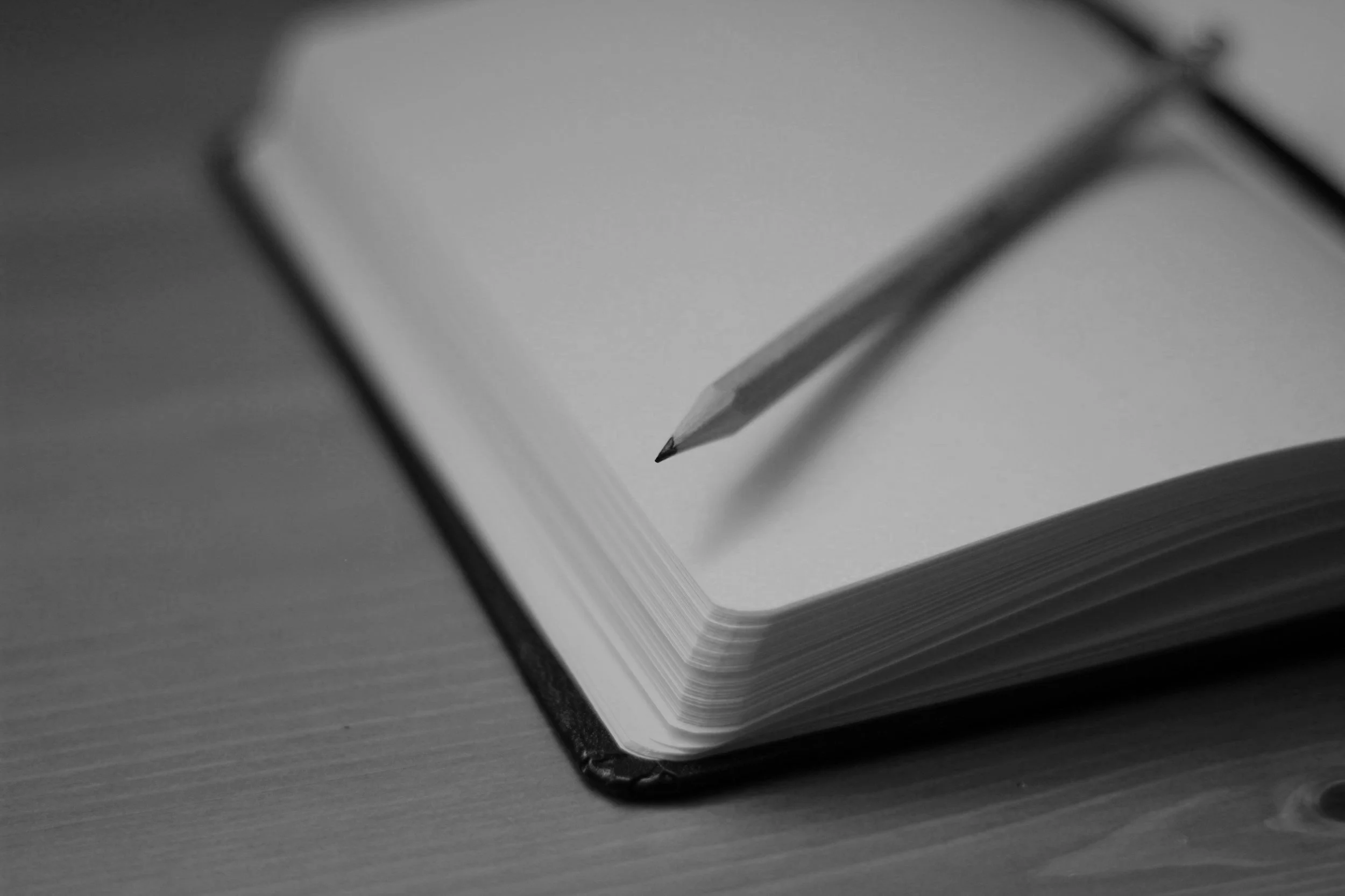 Black and white close-up photo of an open notebook or journal with blank pages and a pencil resting on the pages.