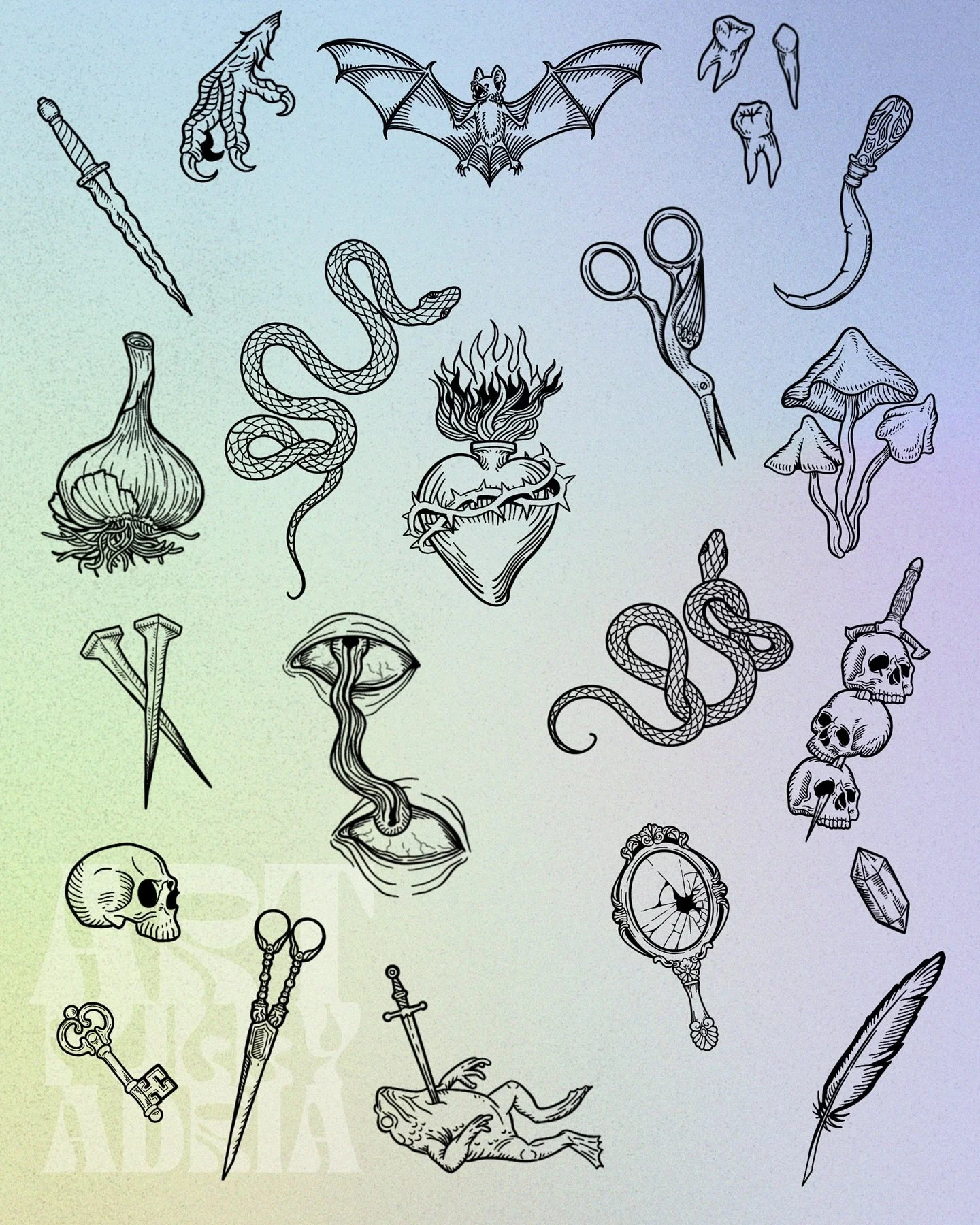 Some of my favorite flash, I haven&rsquo;t gotten to do the mirror or frog yet (hint hint) 🐸 but I love doing all of these designs 💕

#seattle #seattletattoo #seattleartist