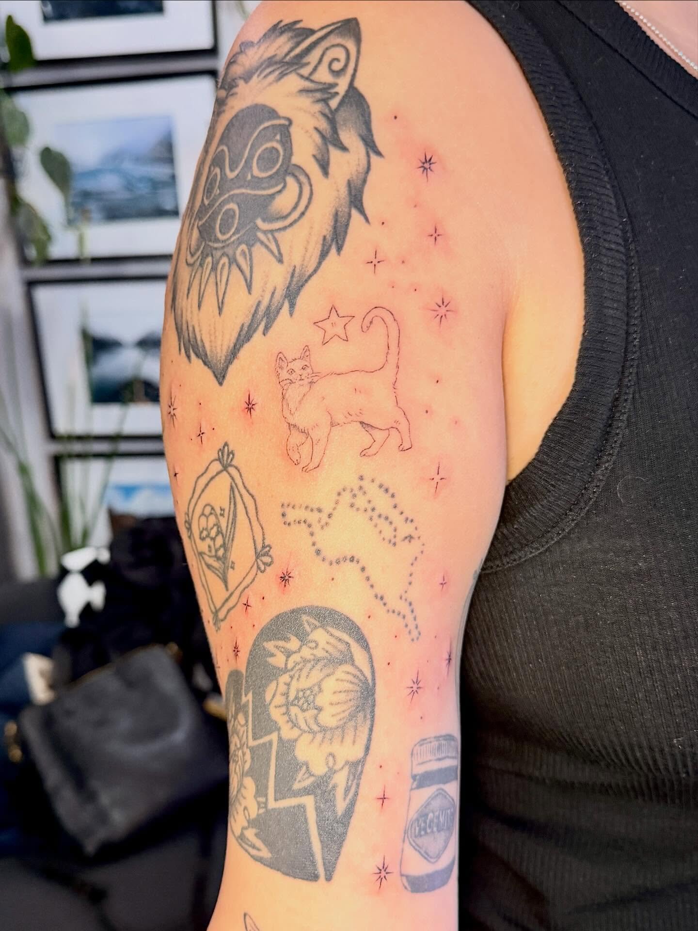 Sparkle galaxy filler and a cute little cat to bring this patchwork sleeve together 🤩 all the stars and sparkles were had drawn and placed to fit and swirl around each tattoo perfectly. 

If you have a patchwork sleeve you&rsquo;re ready to complete