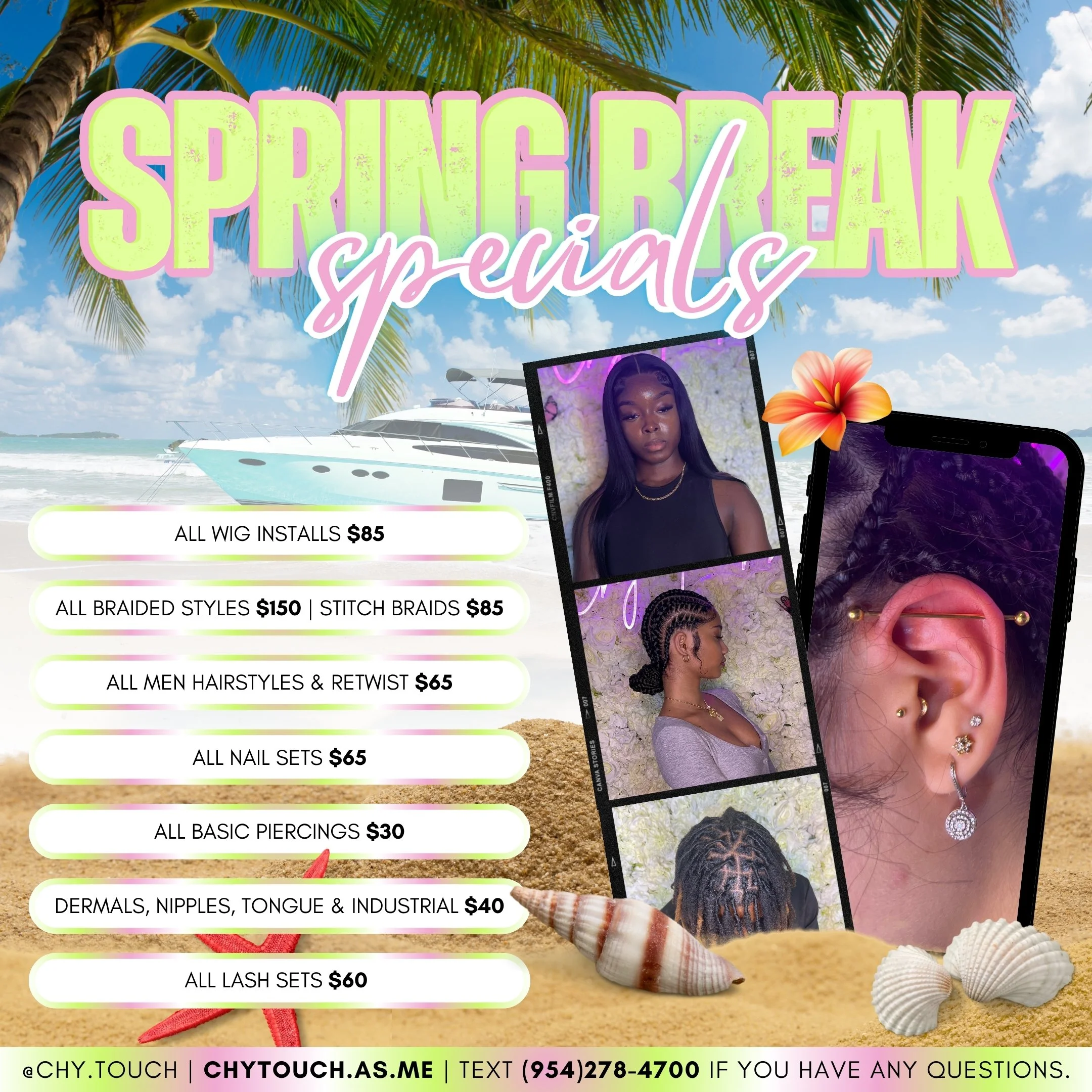 An advertisement for a spring break beauty and fashion special offers at a beach with palm trees and seashells, featuring photo images of women getting hair and ear piercings, and a list of prices for various services.