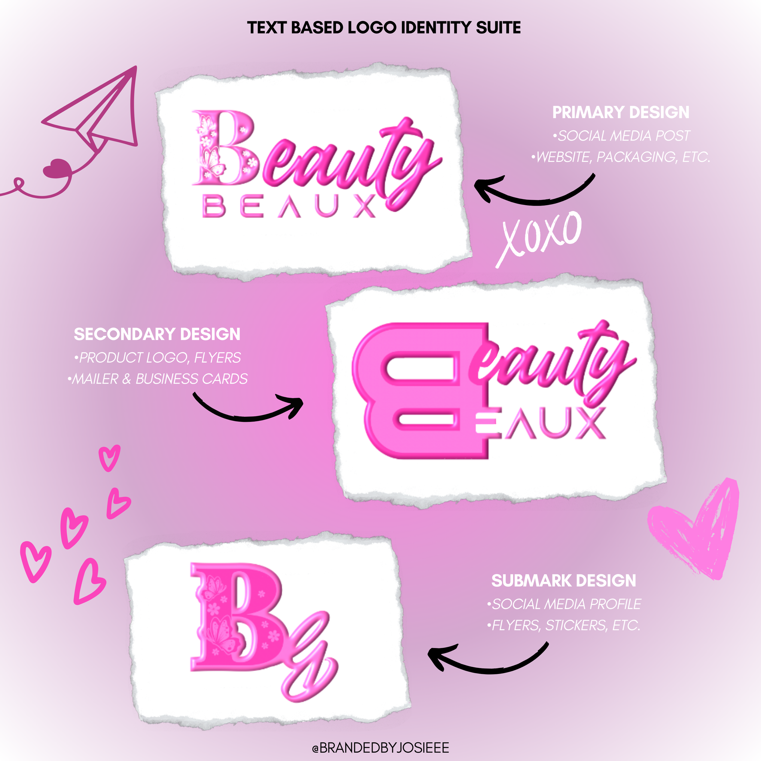 Diagram of a logo identity suite for Beauty Beaux, with three design variations on torn paper backgrounds. The primary design features the word "Beauty" in pink cursive and "BEAUX" in block pink letters, with notes on its use for social media and packaging. The secondary design shows a pink neon-style logo with a stylized letter "B" and the text "Beauty Beaux" beneath, to be used on products, flyers, and business cards. The submark design displays a pink "B" with floral patterns and "Beaux" in cursive, meant for social media profiles, flyers, and stickers, with an arrow pointing to it.