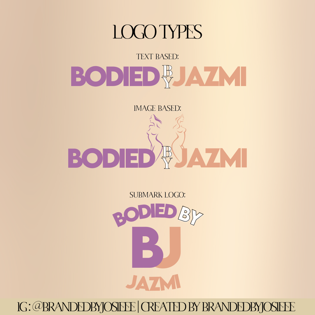 Graphic displaying different logo types for 'Bodied by Jazmi', including text-based, image-based, and submark logos, with color schemes predominantly in purple, beige, and peach.