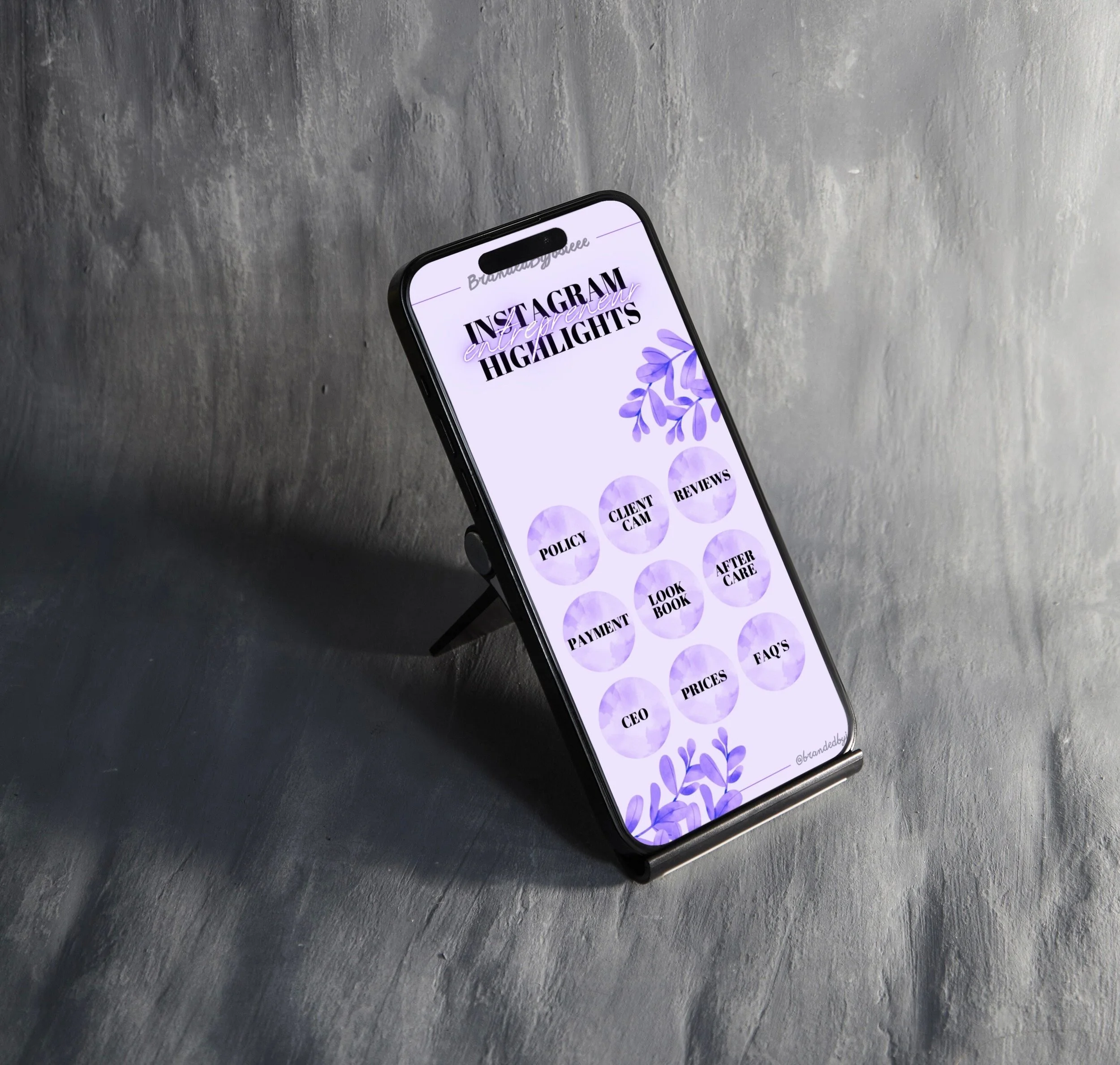 Smartphone displaying an Instagram highlights menu with purple floral design and categories including Policy, Client Care, Reviews, Payment, Look Book, After Care, FAQs, CEO, Prices.