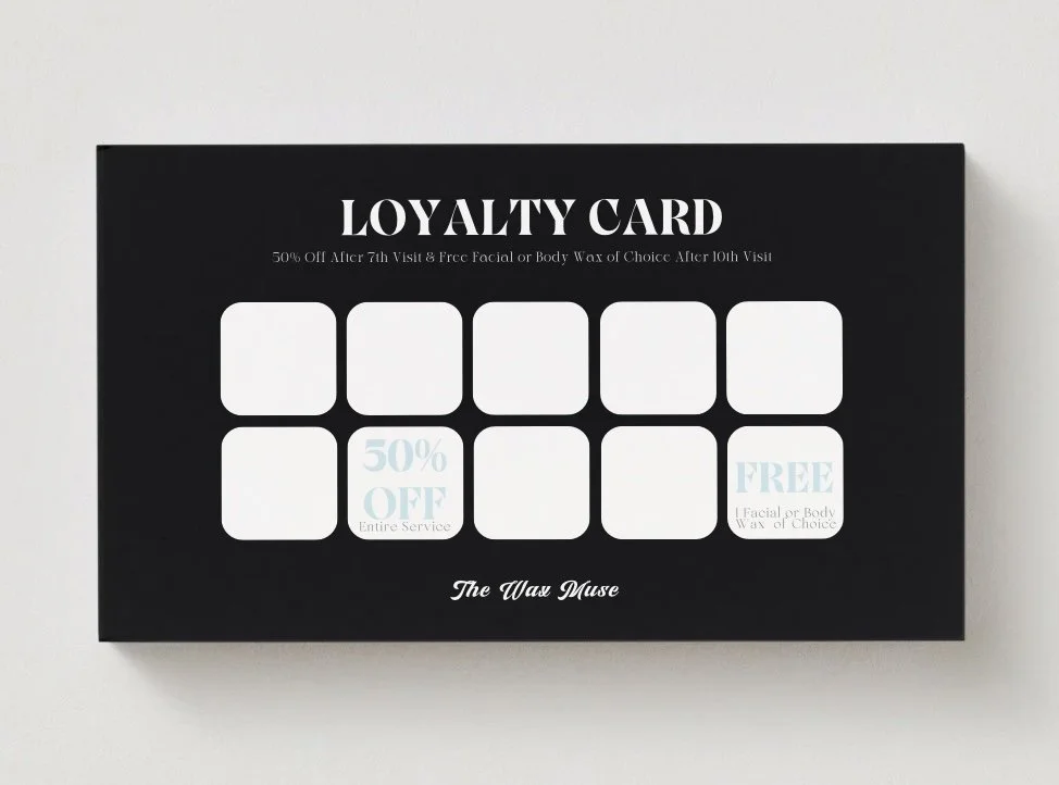 Loyalty card for The Wax Muse with spaces for stamps, offering 50% off after 7 visits and a free facial or body wax after 10 visits, featuring a black background and white text.