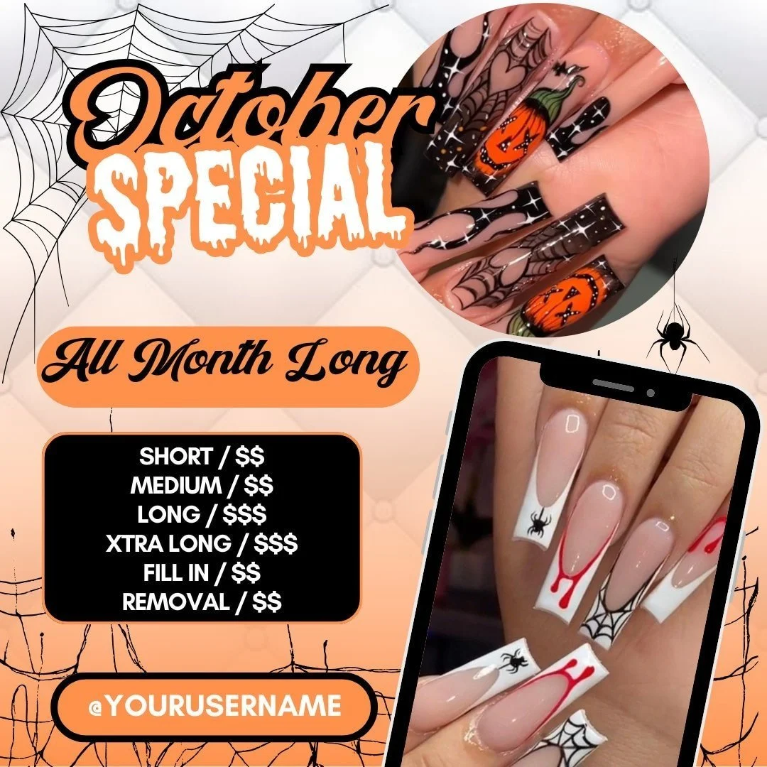 Halloween nail art promotion with spiderweb, spider, and pumpkin designs on nails, featuring a spooky theme with October special offers.