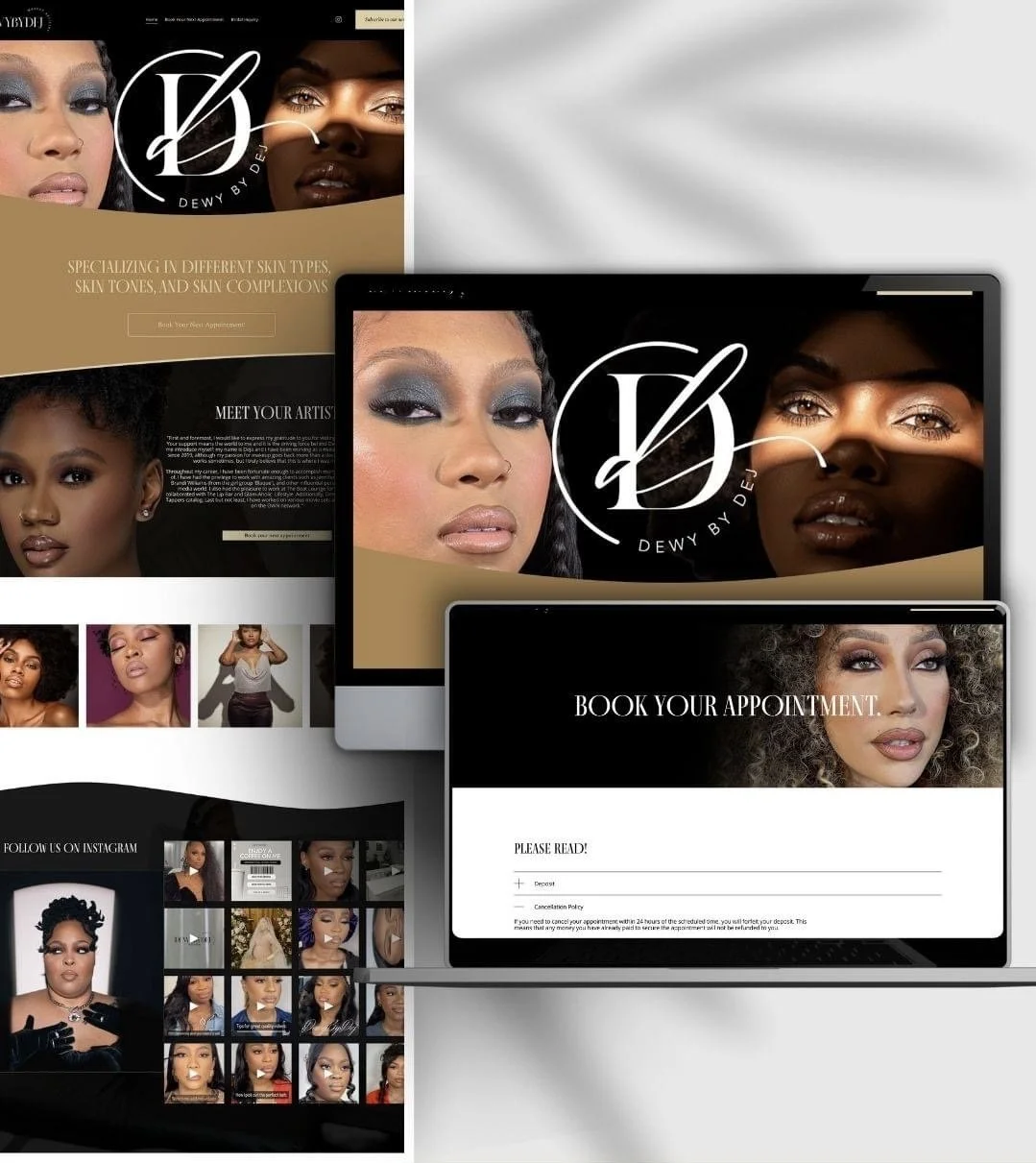 Screenshots of a beauty and makeup business website featuring images of diverse women with styled makeup, the logo 'Dewy by Dej,' and booking and appointment options.