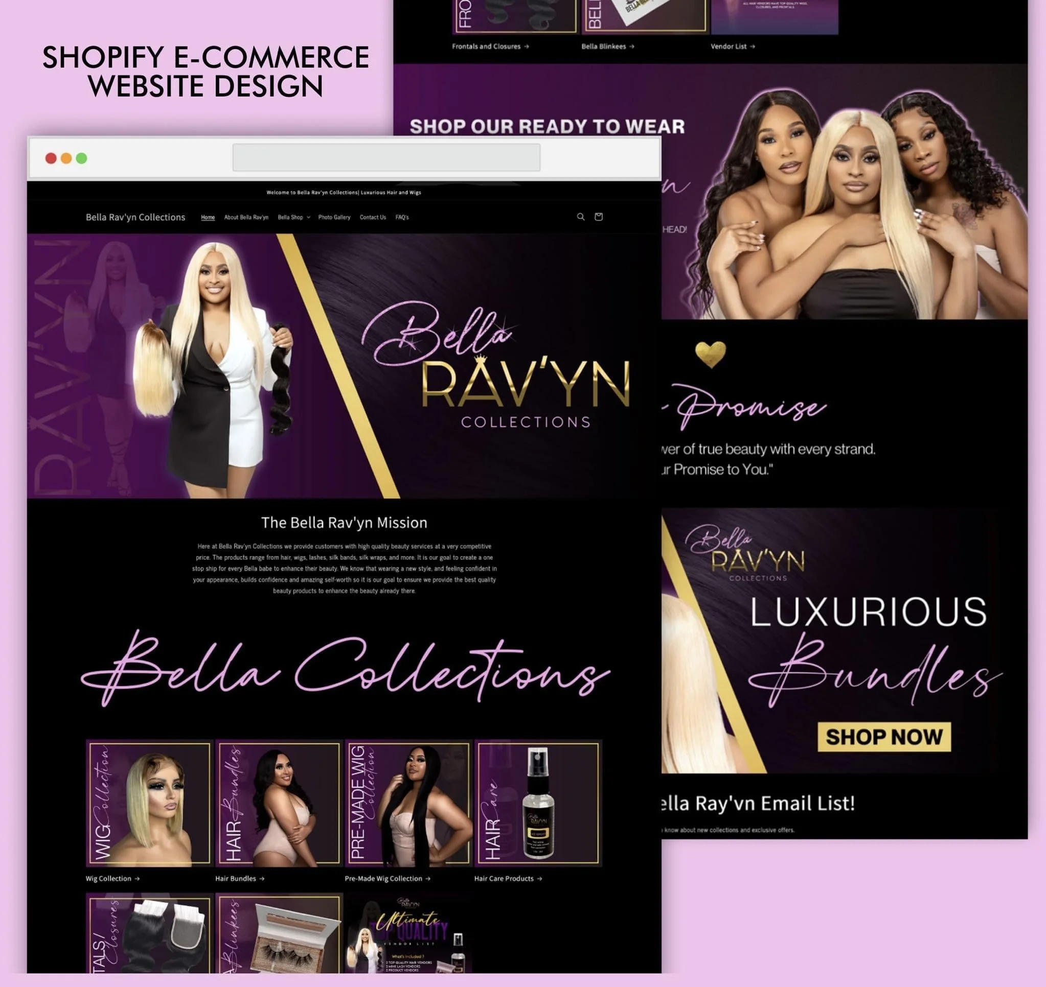 Multiple screenshots of a Shopify e-commerce website design for Bella Rav'yn Collections, showcasing hair bundles, wigs, and beauty products, with images of women with various hairstyles and the store's promotional banners.
