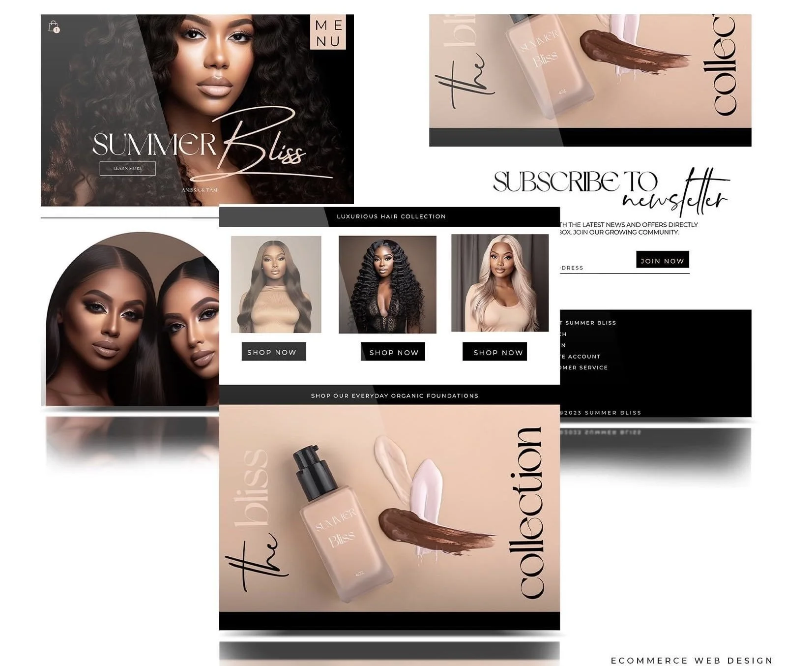Fashion and beauty website layout featuring a woman with curly hair, various hair and skincare products, and models showcasing different hairstyles. Includes sections for subscribing to a newsletter, shop now buttons, and product images.