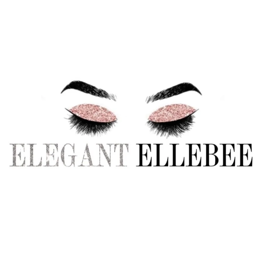 Graphic design featuring closed eyes with long eyelashes and glittery pink eyelids beneath bold text that reads "ELEGANT ELLEBEE".