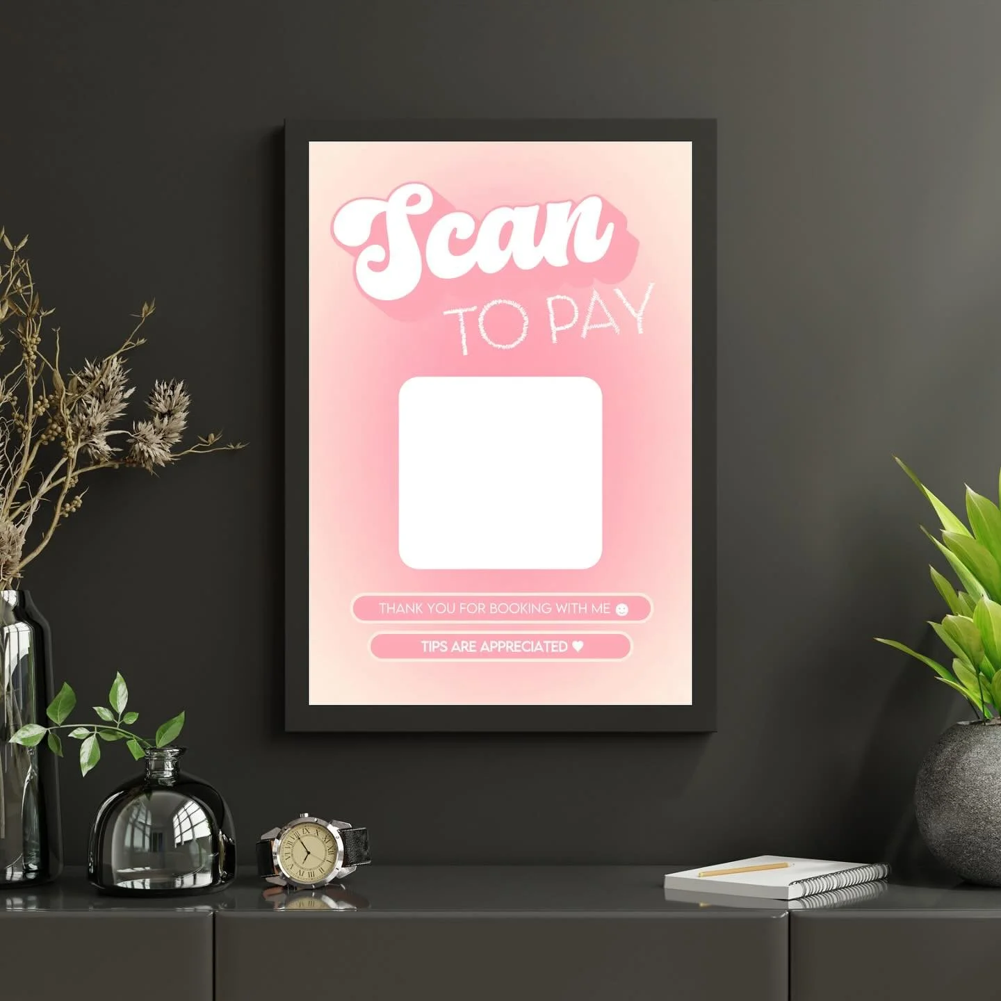 ATTENTION SALON, SUITE &amp; STUDIO BUSINESSES✋🏽⬇️

Your clients needs to pay for they service in person after they appointment? Check out this Scan To Pay Wall Poster you can add to your wall for a faster and easier checkout!

Add this Framed Poste