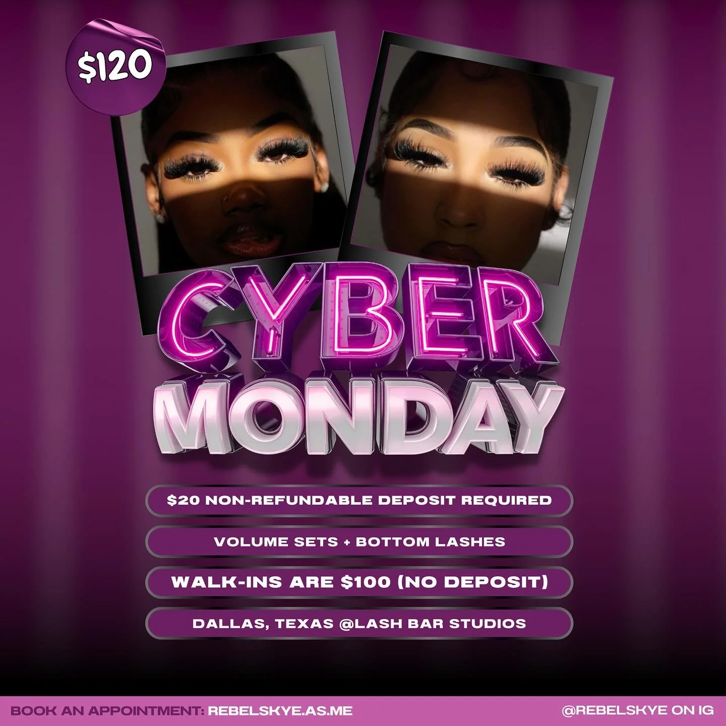 Cyber Monday Lash Special Deal | Social Media Flyer | $20 OFF - available for purchase on our website👩🏽&zwj;💻

@brandedbyjosieee 
@brandedbyjosieee 
@brandedbyjosieee 

DECEMBER BOOKINGS ARE OPEN⏰
-
To Book/Purchase An Appointment/Service:
📅 Purc