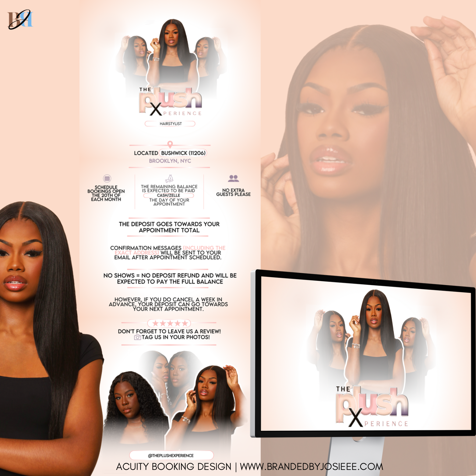 Promotional flyer for The Push Experience, a hairstylist event in Brooklyn, NYC, featuring images of women with long, straight hair and details about appointments, payments, and reviews.