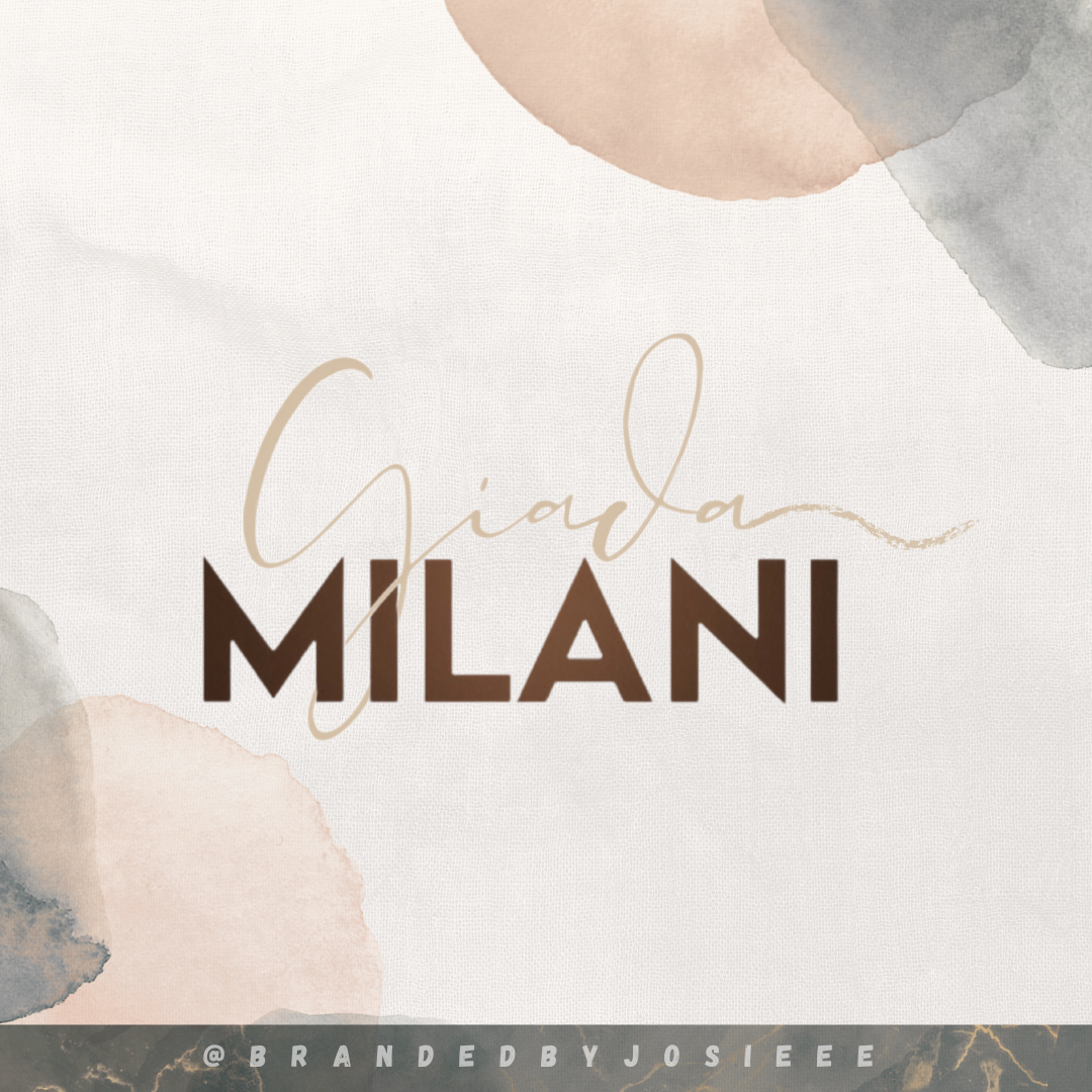 A designer branding image for Giada Milani featuring watercolor abstract shapes in beige, peach, gray, and black, with the name 'Giada Milani' written in elegant script and bold font.