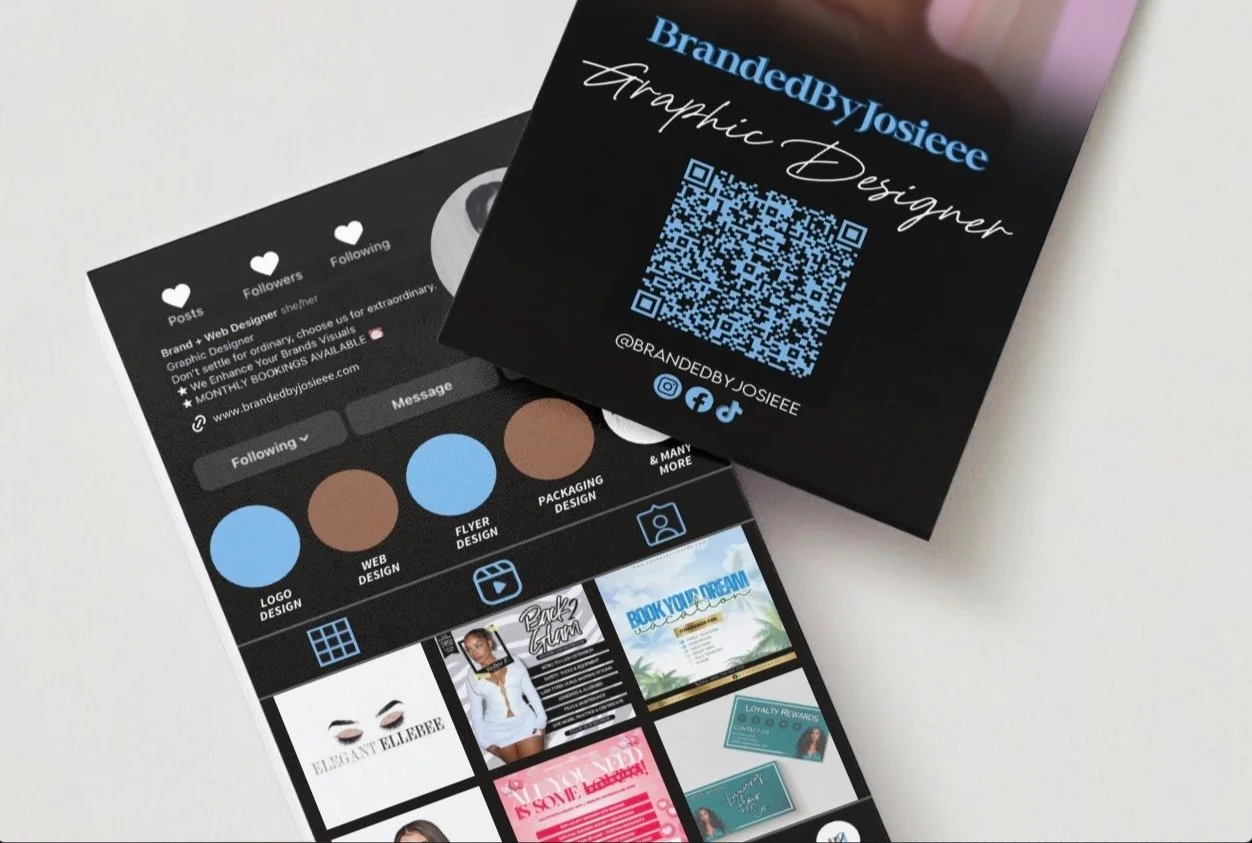 Business card for BrandedByJosieee with a blue QR code and social media icons, overlapped over a black social media profile page showing highlights, followers, and posts with various graphics.