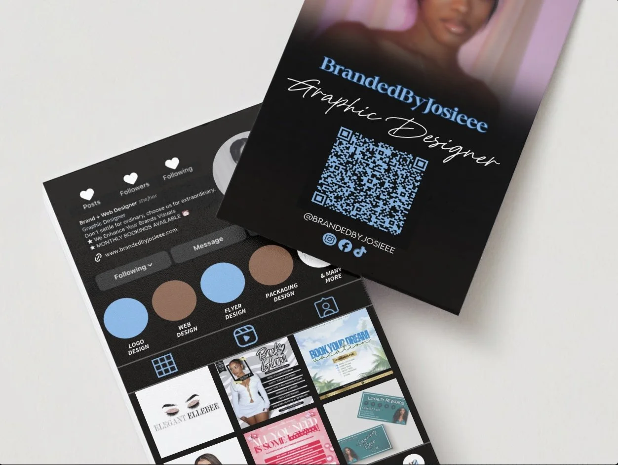 Business cards and social media profile showcasing a graphic designer named BrandedByJosieee. The cards include a QR code, social media contact info, and examples of design work like logos, flyers, and packaging.