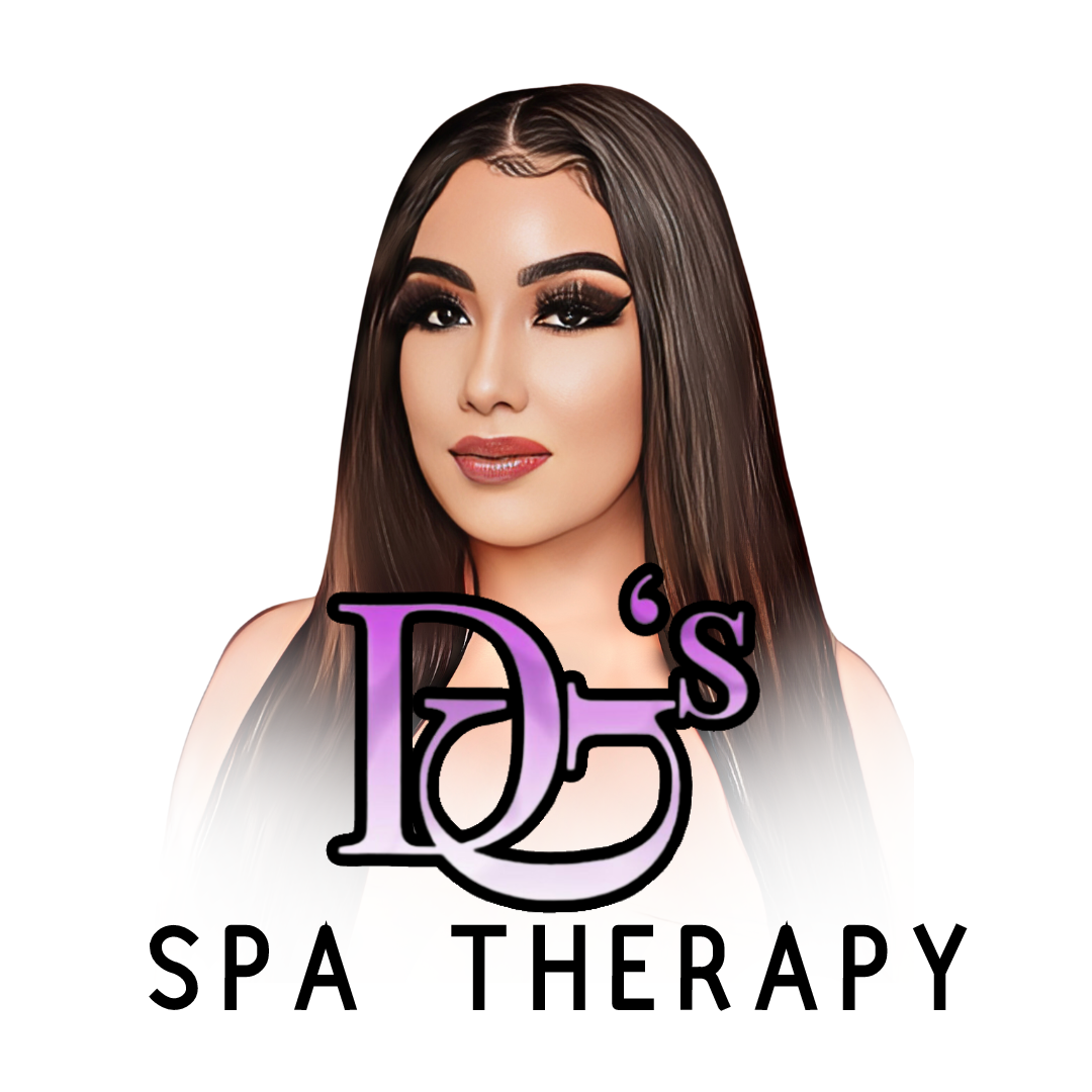 A woman with long dark hair, makeup, and a confident expression. Overlaid is the logo for 'D'Spa Therapy' with stylized purple and black text.