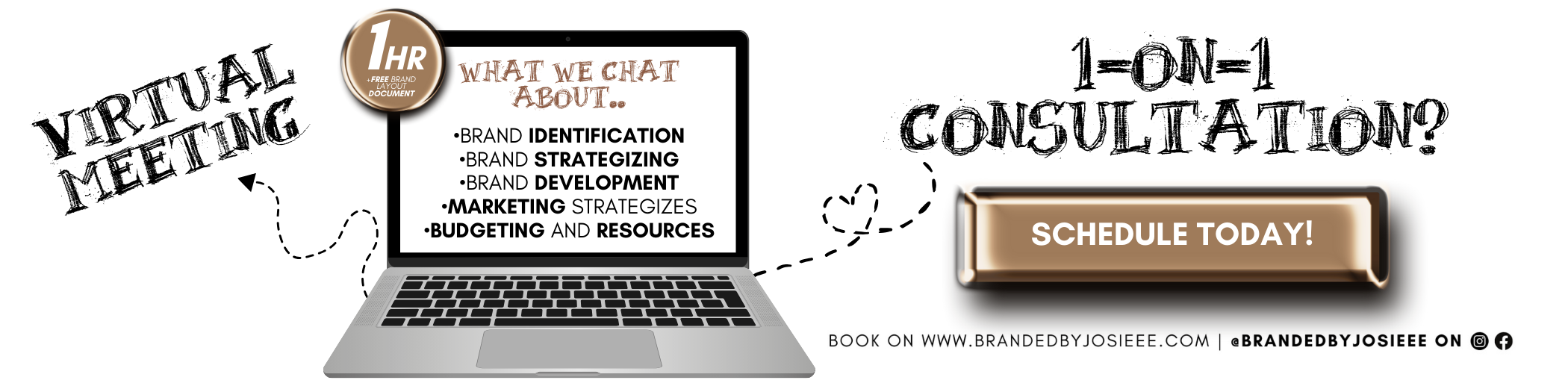 An online consulting service advertisement showing a laptop with texts about virtual meetings, brand services, and a call to action to schedule an appointment.