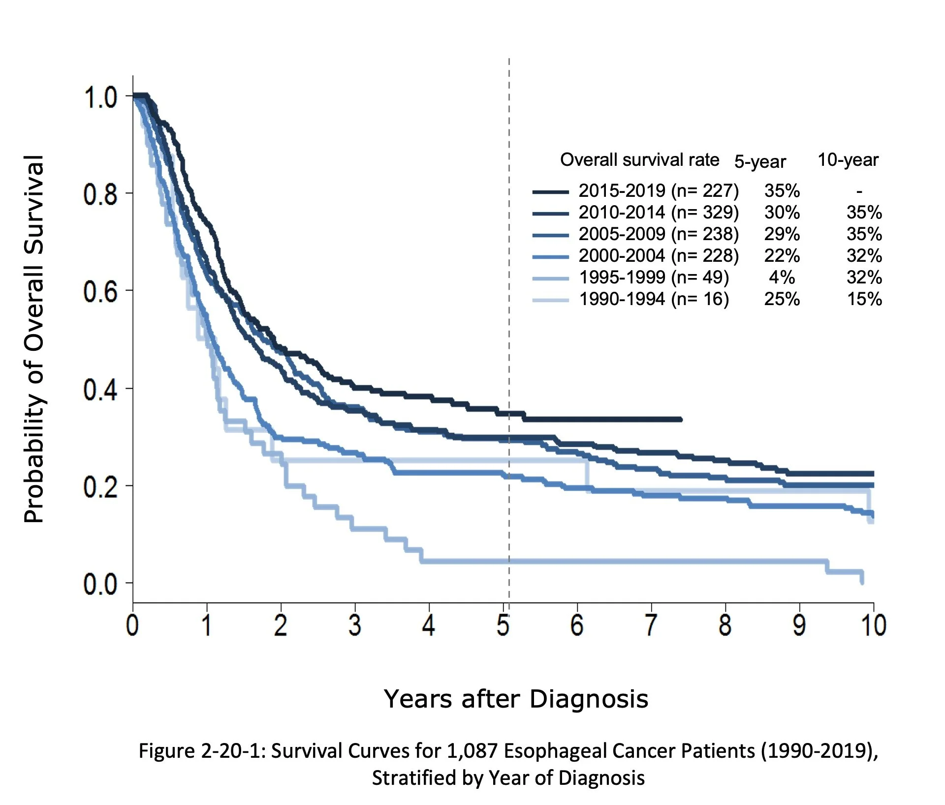 Survival curves for esophageal cancer patients stratified by year of diagnosis from 1990 to 2019, showing probability of overall survival over years after diagnosis with different lines representing specific periods.