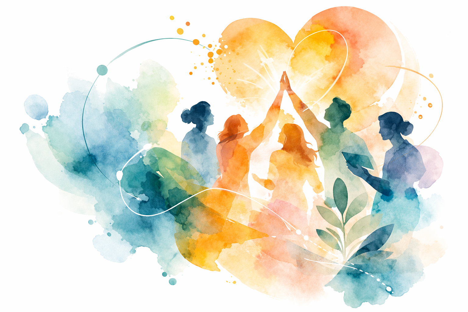 Silhouettes of five people high-fiving each other, surrounded by colorful watercolor splashes, abstract shapes, and a heart outline in the background.
