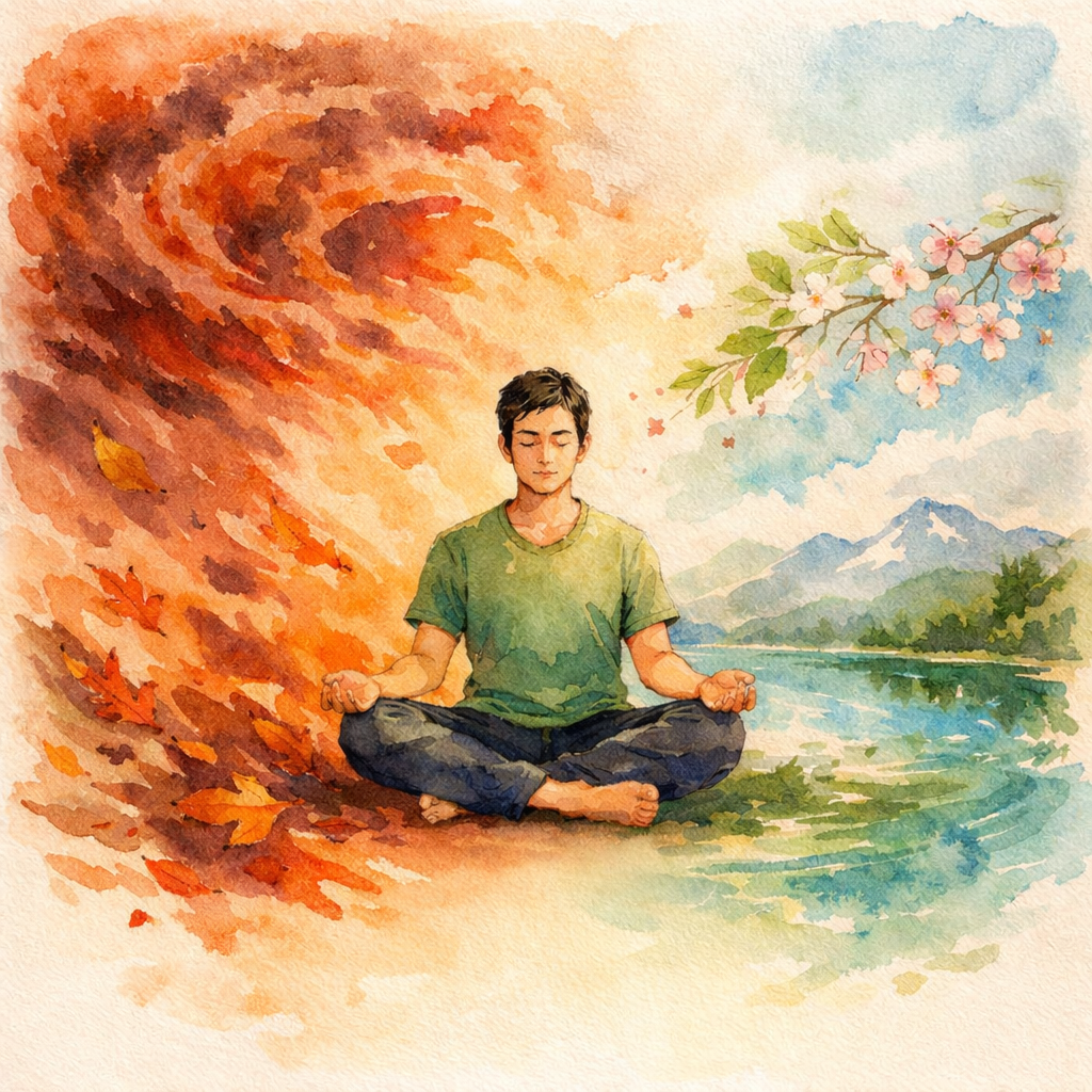A watercolor painting of a young person sitting cross-legged in a meditative pose with closed eyes, surrounded by vibrant autumn leaves on one side and a serene landscape with mountains, a river, and cherry blossoms on the other.