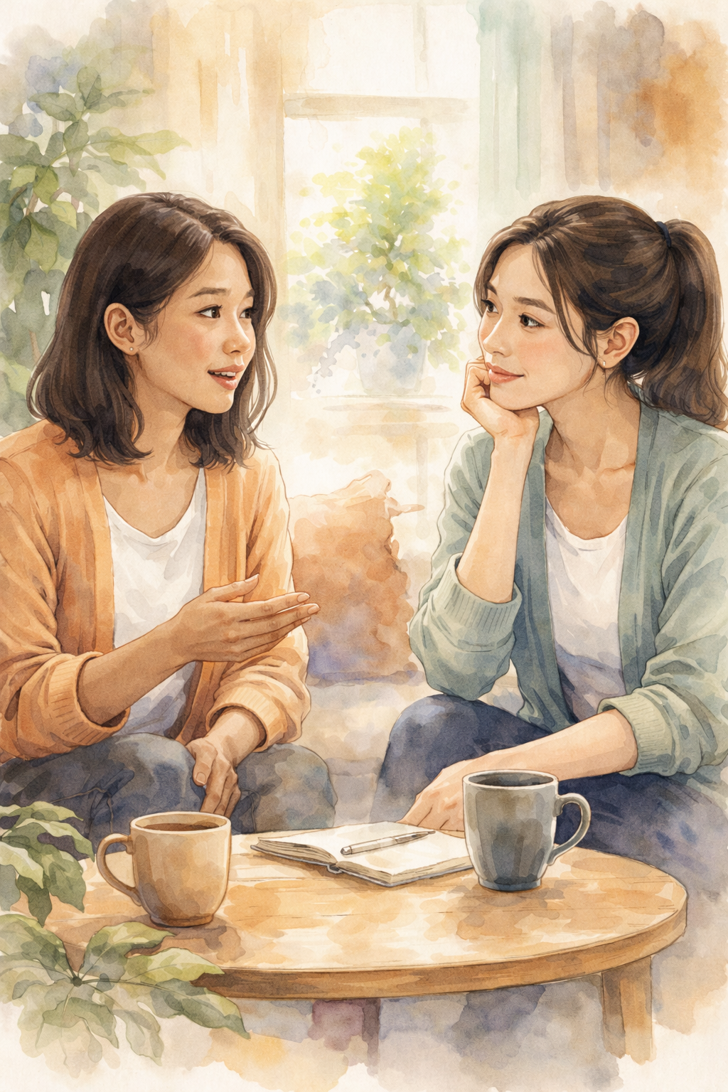 Two women having a conversation at a cozy coffee shop, sitting at a round wooden table with mugs of coffee, a notebook, and a pen, with sunlight and green plants in the background.