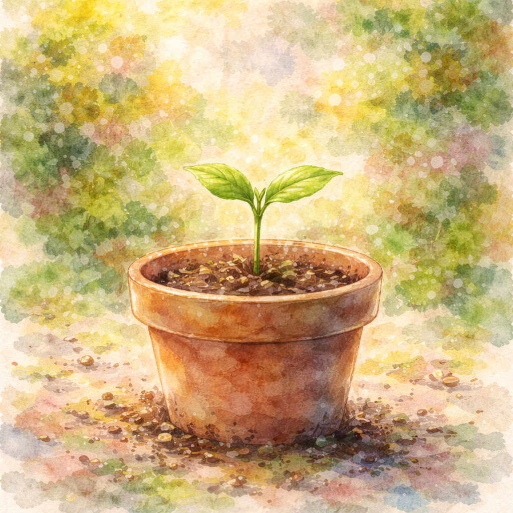 Watercolor painting of a small plant sprouting in a terracotta pot, outdoors with blurred colorful foliage in the background.