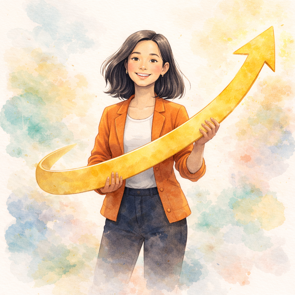 A woman with shoulder-length dark hair, wearing an orange blazer and white shirt, smiling while holding a large yellow upward arrow symbol.