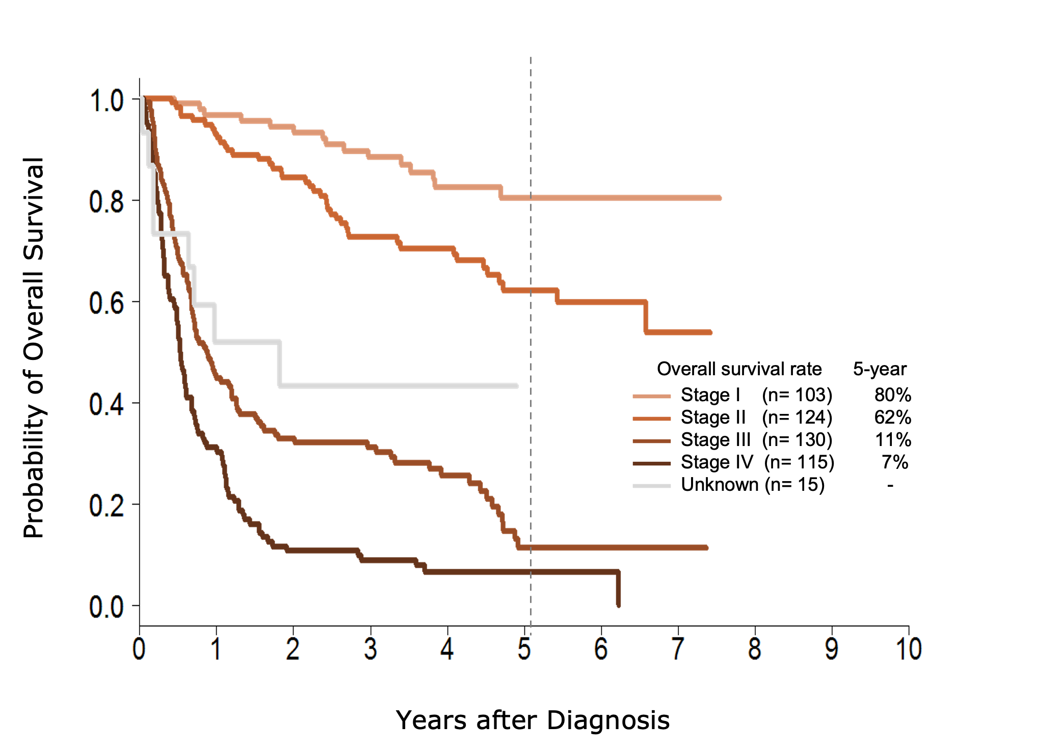 Survival curves showing the proportion of subjects surviving over time from 0 to 10 years, with different lines representing various treatment groups.