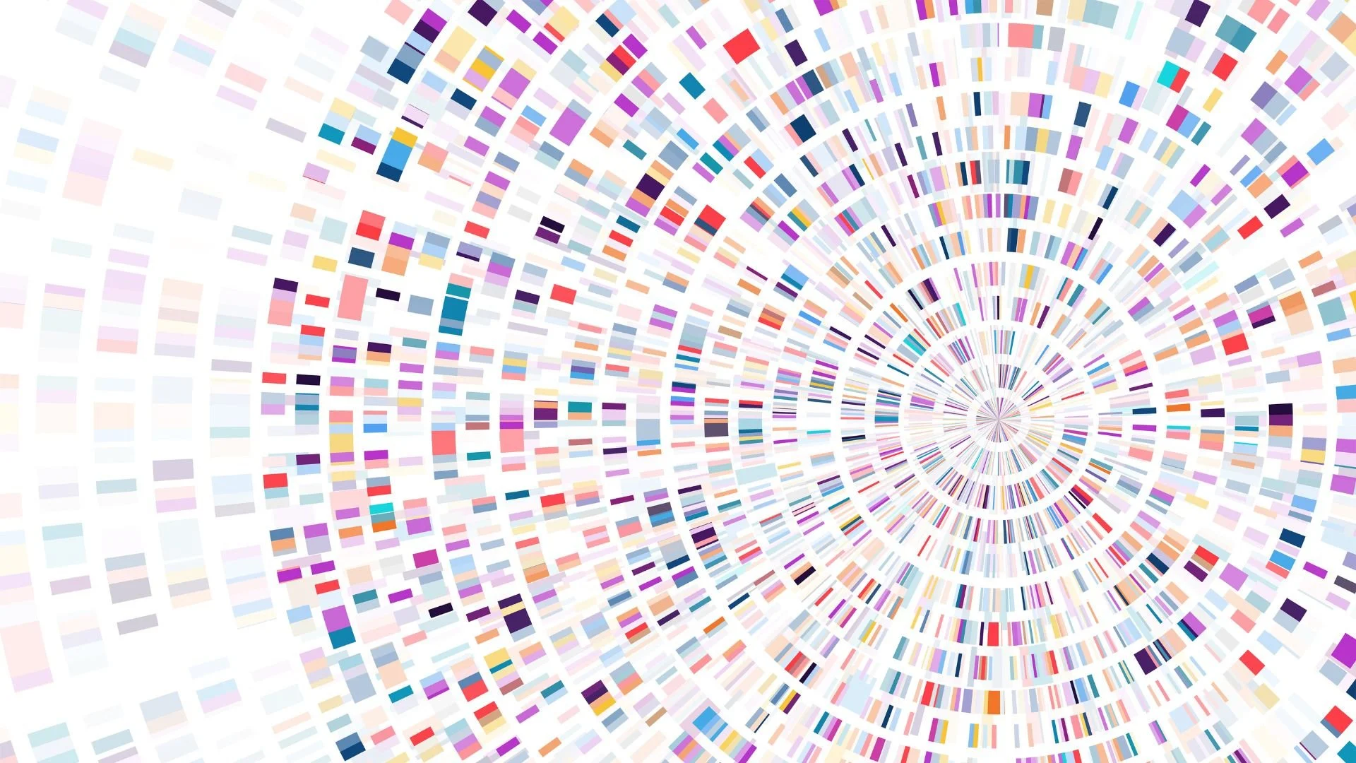 Abstract digital art with concentric circles and radiating lines composed of multicolored rectangular blocks.