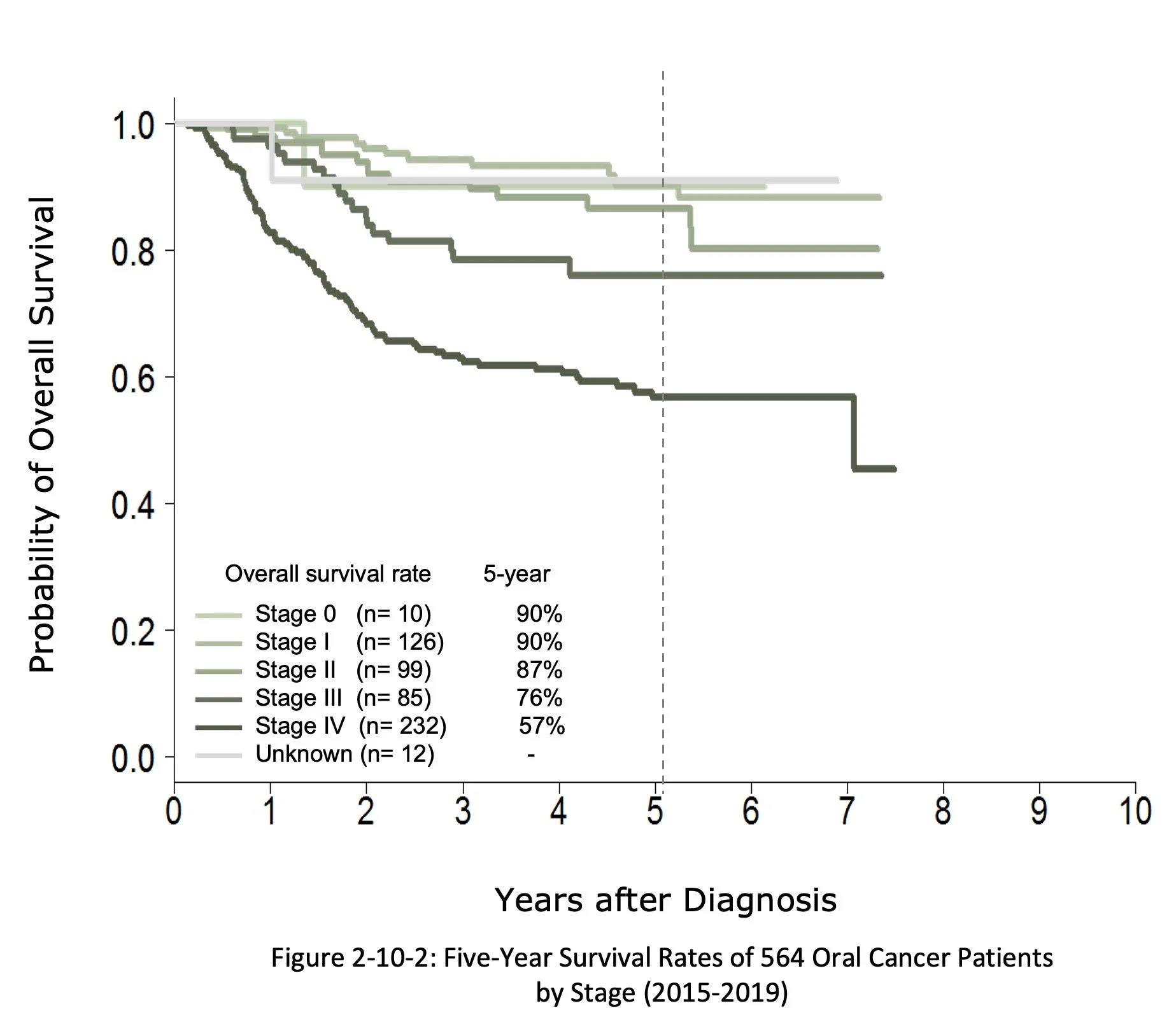 A survival curve graph showing five-year survival rates of oral cancer patients by cancer stage, with lines representing stages 0 to IV and unknown, indicating declining survival probabilities over 10 years post-diagnosis.