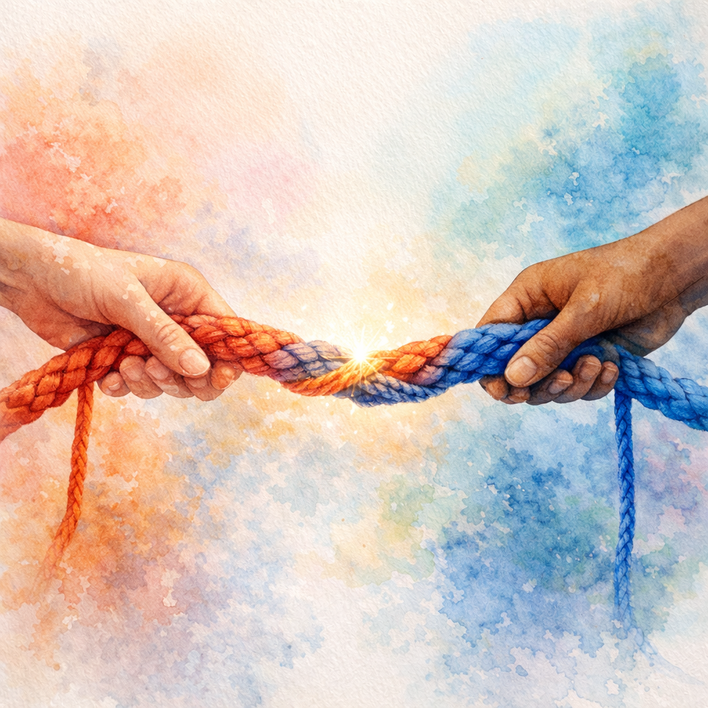 Two hands holding a twisted orange and blue rope, meeting in the middle with a bright spark, against a watercolor background of soft pastel colors.