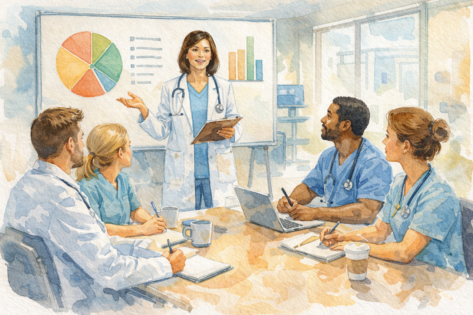 Medical team meeting with a female doctor presenting data on a chart to colleagues in scrubs and lab coats.