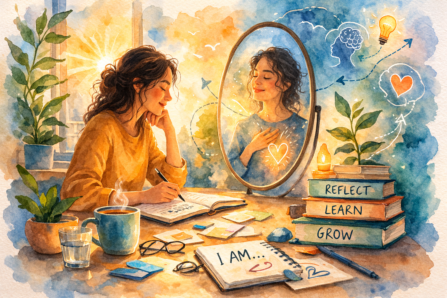 A woman sitting at a desk with a journal, writing and reflecting. She has a mirror showing her smiling, with symbols like a heart and a light bulb around her. The desk has coffee, a glass of water, glasses, books labeled 'Reflect,' 'Learn,' and 'Grow,' a salt lamp, and scattered notes. The scene is warm and cozy with sunlight streaming in, and plants are on the windowsill.