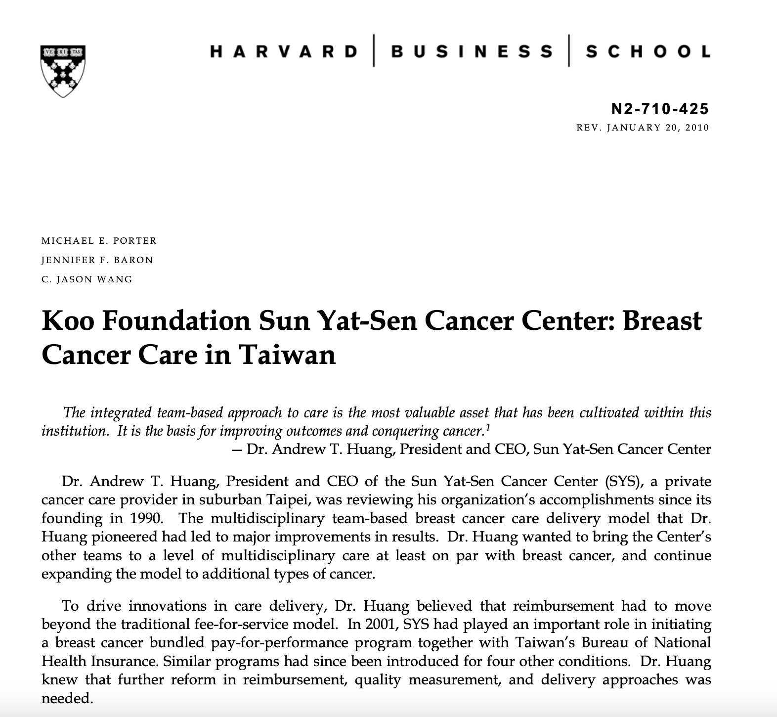 Cover page of a Harvard Business School report titled 'Koo Foundation Sun Yat-Sen Cancer Center: Breast Cancer Care in Taiwan' with authors' names and publication date.