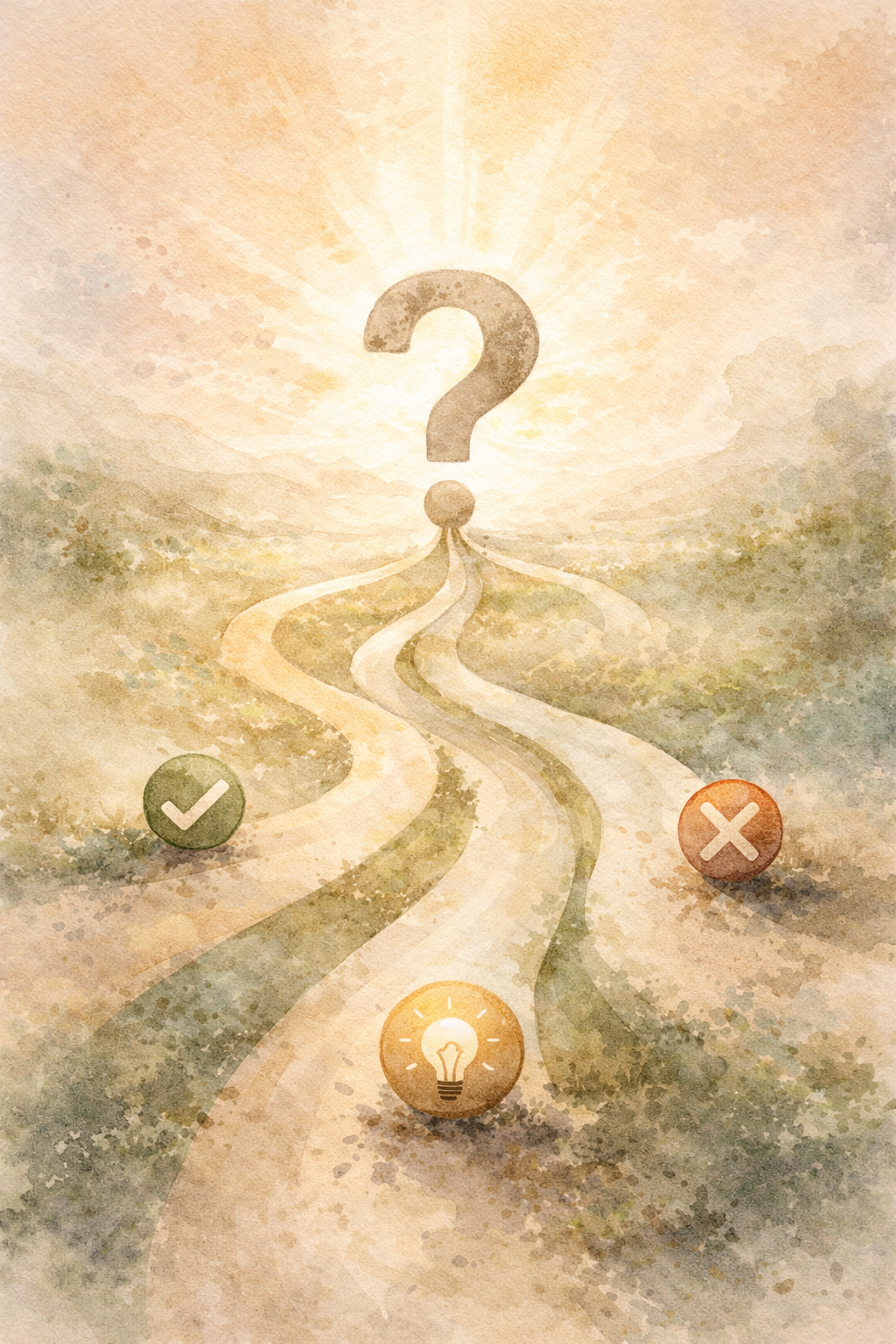A watercolor-style illustration of three winding paths leading to a large question mark at the horizon, with a light bulb icon at the start and check and cross symbols along the paths.