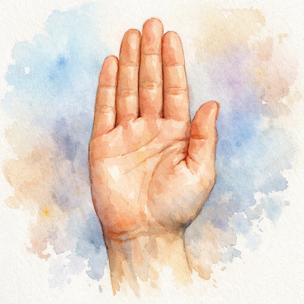 Watercolor painting of a human hand with palm facing outward.