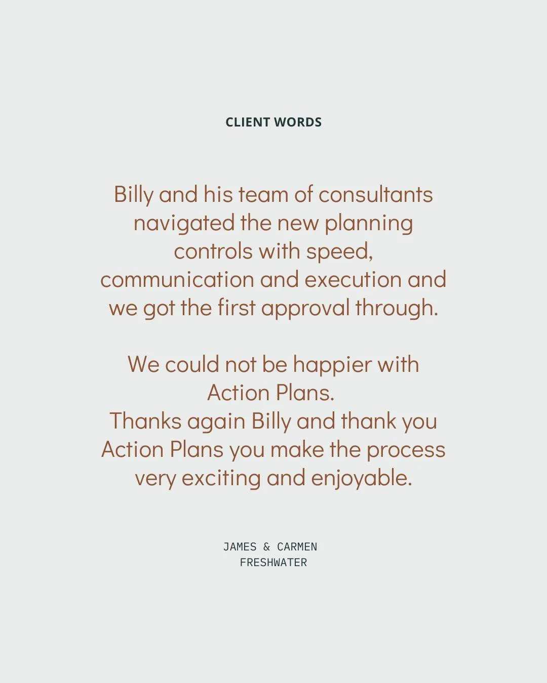 I just wanted to say how grateful we were to work with Action Plans and in particular Billy Derrin. We own a house in Freshwater and bought it with the view to build  a house close to the beach for the family. ⁣
&bull;⁣
The state planning controls ch
